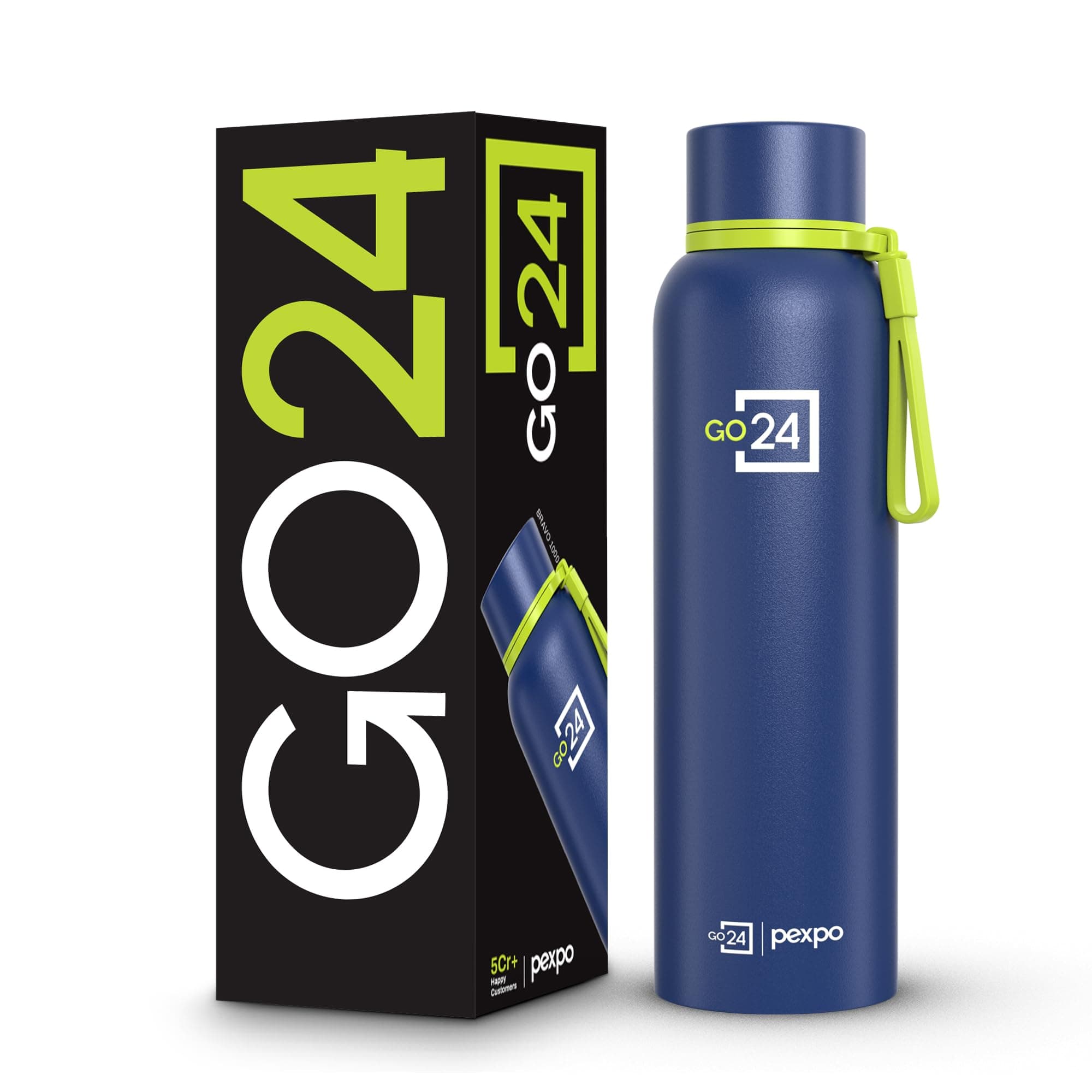 Go24 pexpo Water Bottle 1 LTR Stainless Steel | Hot and Cold Flask | ISI Certified Steel Bottle | Three Layer Insulation | Leakproof | for Home, Office | 2-Year Warranty |Bravo 1000| Denim Blue