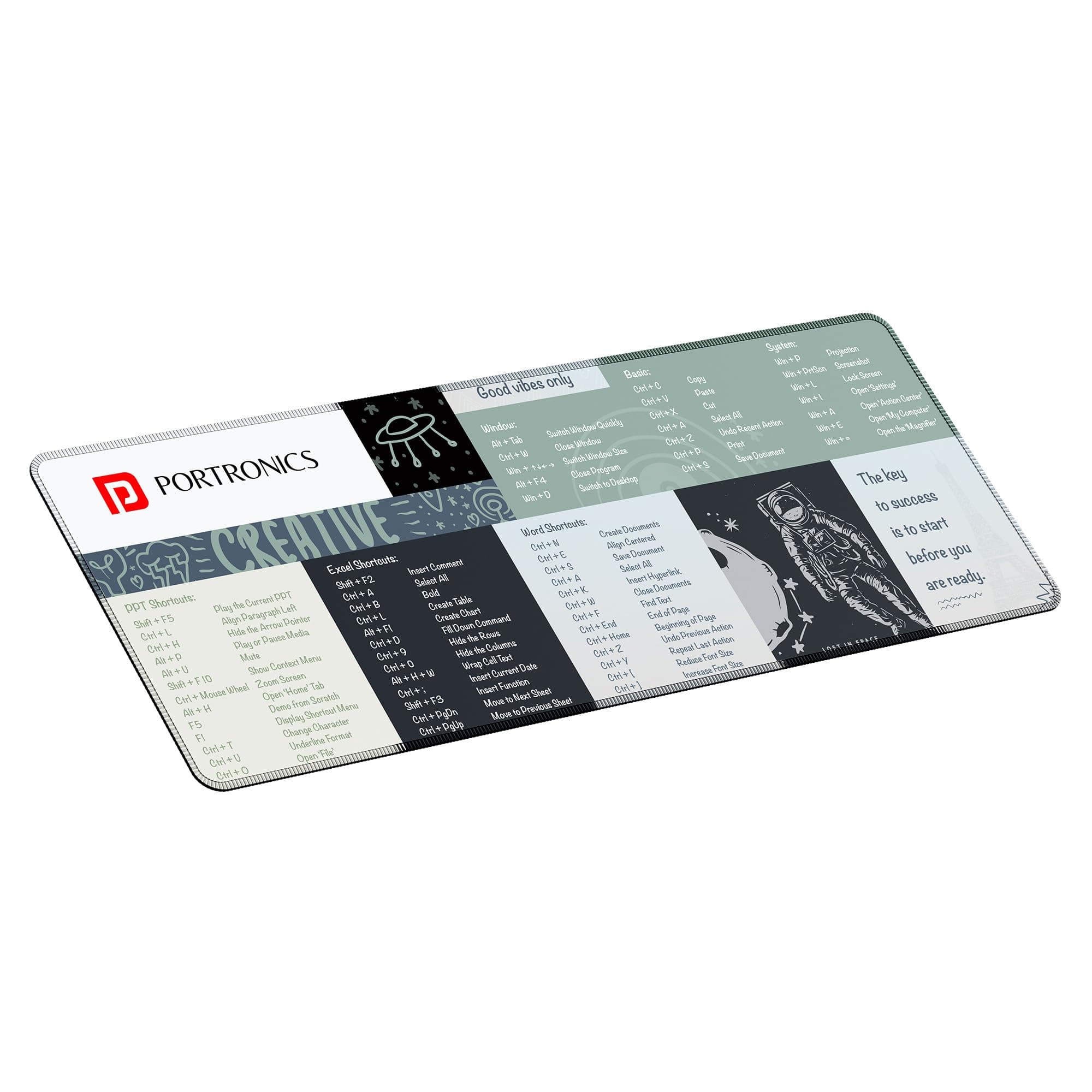 Portronics Comfipad 2 Extended Mouse Pad with Windows Shortcuts Design, Non-Slip Base, Stitched Edges, High-Precision Smooth Surface, Water Resistant Keyboard Pad for Gaming, Office & Home (Grey)