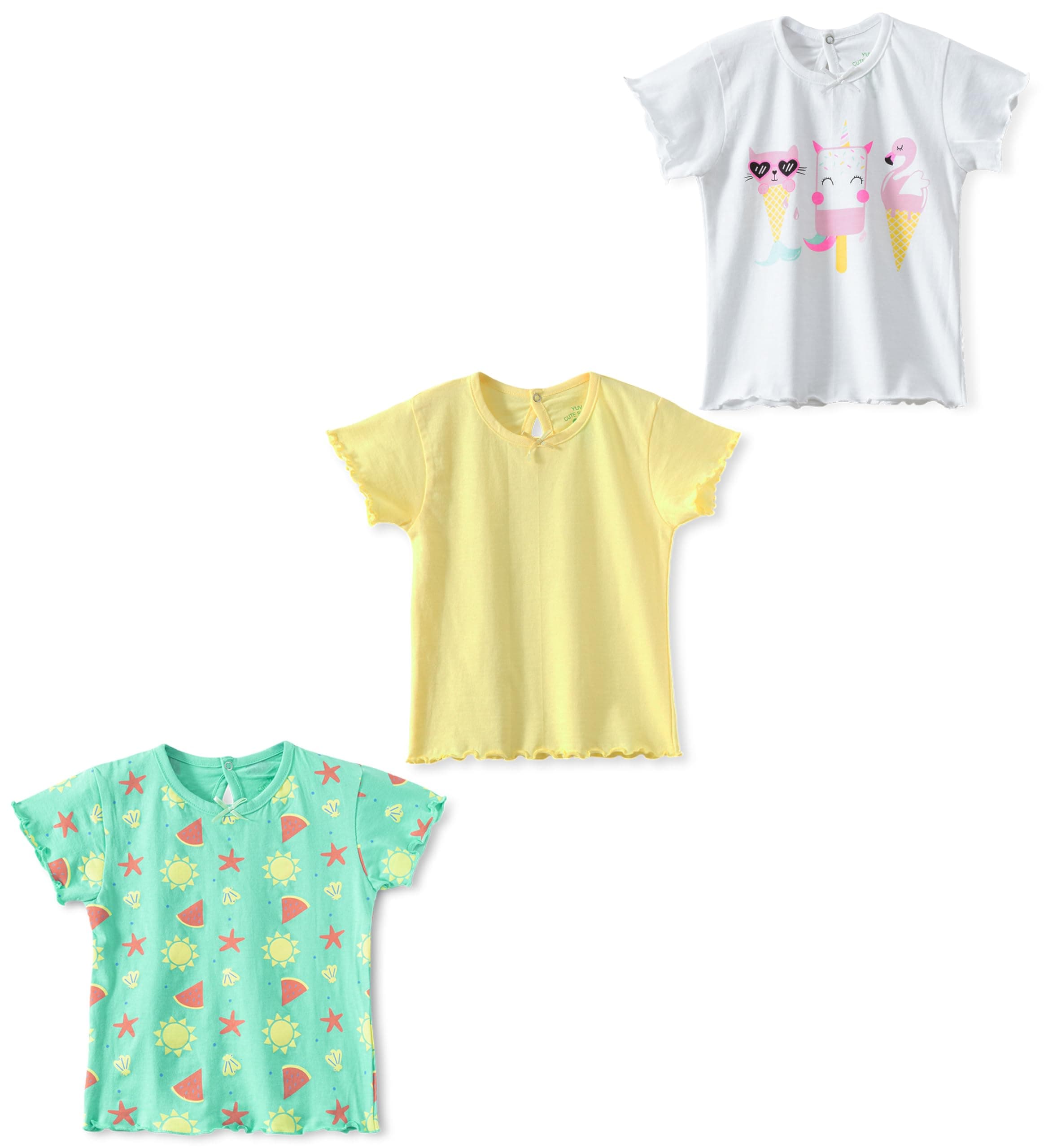 YUV 100% Cotton Printed Half Sleeve T-Shirts for Baby Girls, Pack of 3