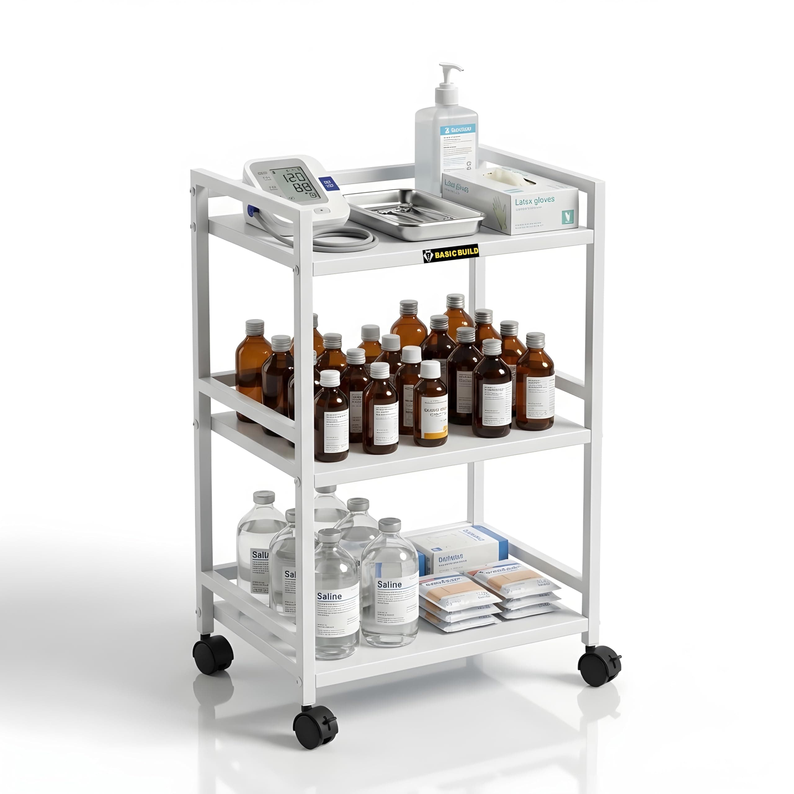 Basic Build Premium 3-Tier Metal Hospital Trolley with 4 Smooth Castor Wheels | Medical Instrument & Surgical Equipment Cart for Clinics, OT, Doctors & Hospitals (White)