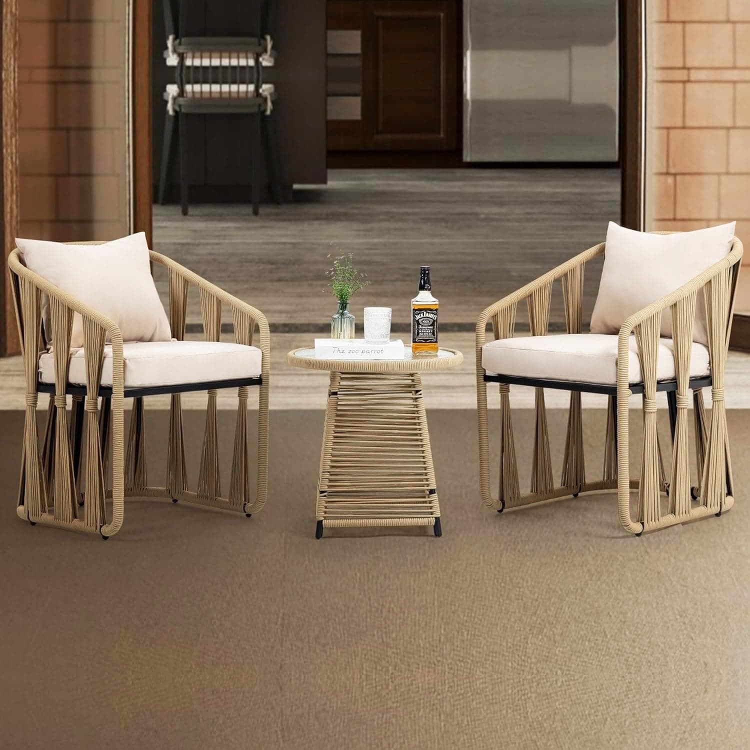 DEVOKO Serene 3-Piece Outdoor Rope Patio Bistro Set with Glass Top Table and Cushions for Garden, Deck, Lawn, Poolside, Porch, Balcony (Beige & Cream)