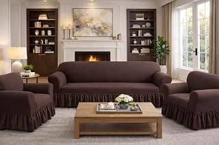 Universal Stretchable Solid Color Sofa Cover with Elegant Skirt Design, Soft Durable Wrinkle-Resistant Fabric for Modern Living Rooms (Brown, 5 Seater)