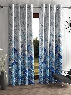 Home Sizzler 2 Pieces Geometrical Panel Eyelet Polyester Door Curtains 7 Feet, Blue(Eyelet),Grommet Curtains | Light-Filtering