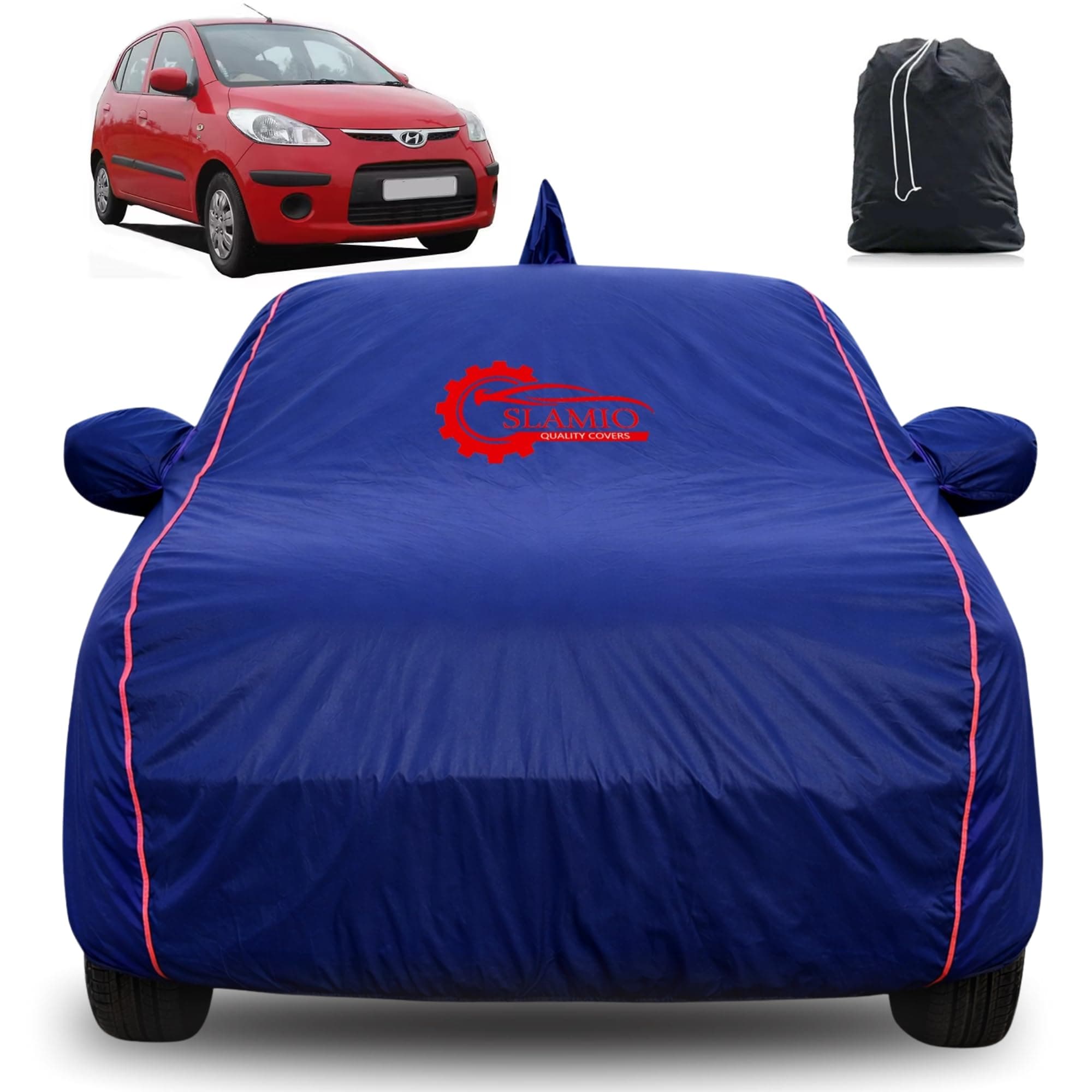 Slamio 100% Waterproof Car Cover for Hyundai's i10 2007-2012 | All-Weather, Dustproof & UV Protection | Heavy-Duty 3-Layer Fabric | Custom Fit with Mirror & Antenna Pocket | Navy Blue