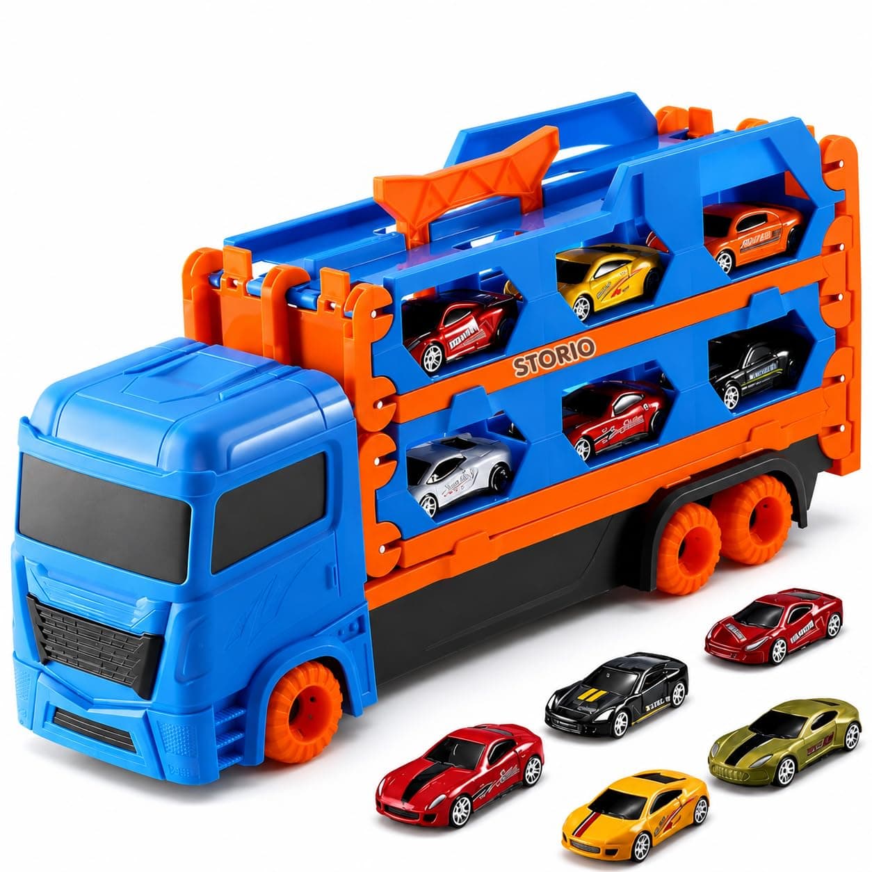 Storio Big Hauler Storage & Deform Transport Truck Toy | 3-in-1 Transforming Carrier with Foldable Dual Racing Track & 2 Die-Cast Cars | Push & Go Toy for Kids Boys & Girls 3+ Years