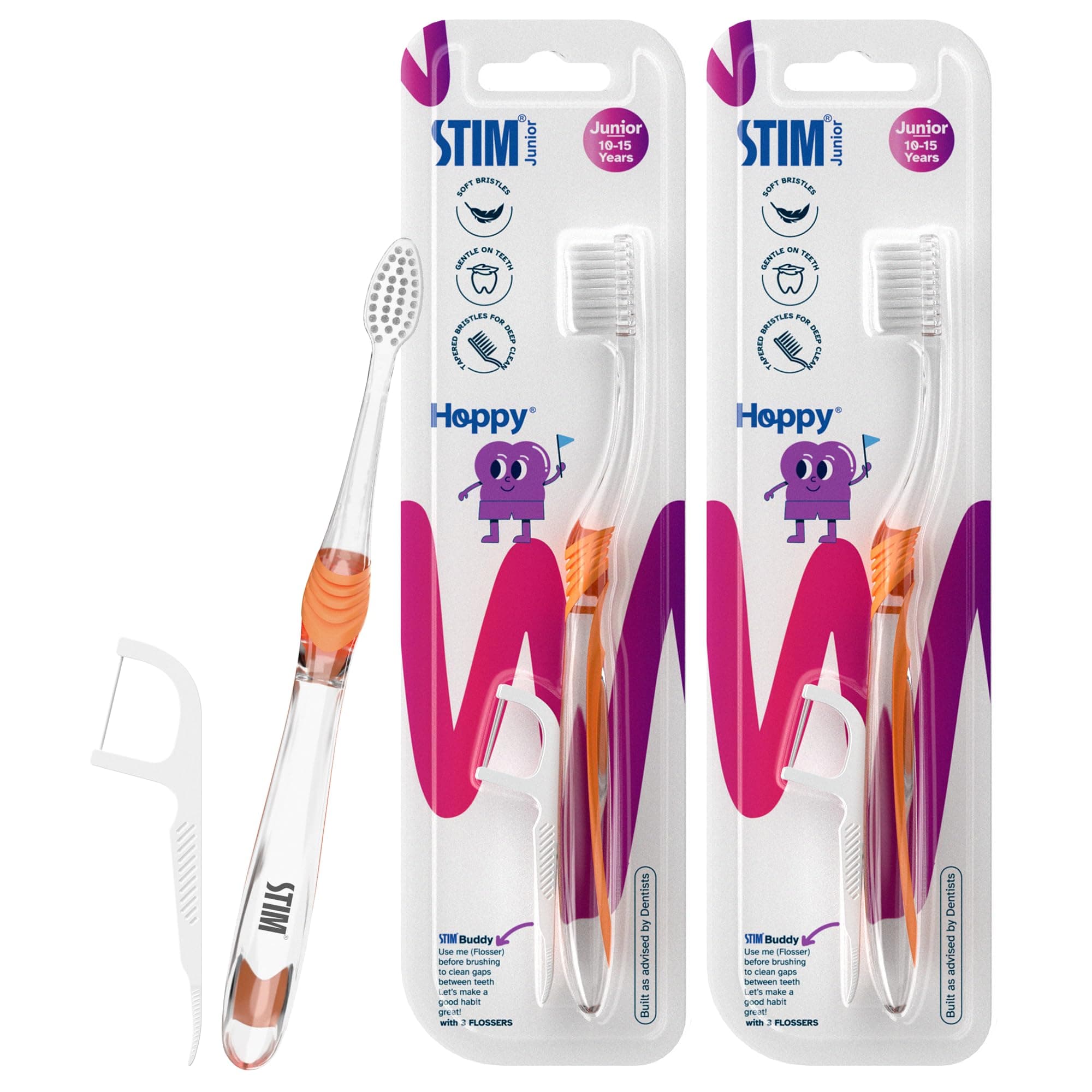 STIM Junior Kids Toothbrush | 10 to 15 Years | Soft Tapered Bristles for Deep Cleaning | Ergonomic Handle with Thumb Grip & Tongue Scraper | Dentist Recommended Toothbrush for Pre-Teens | 2 Brushes