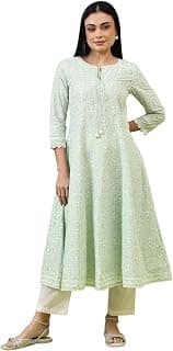 W for Woman Mint Green Floral Printed Pure Cotton Anarkali Kurta