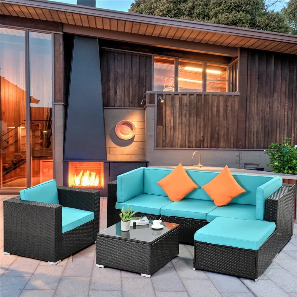 DEVOKO Patio Furniture Set 4-Piece Waterproof Outdoor Sectional Sofa with Washable Soft Cushion Wicker Patio Furniture for Outdoor Garden, Balcony, Backyard (Black and Sky Blue)