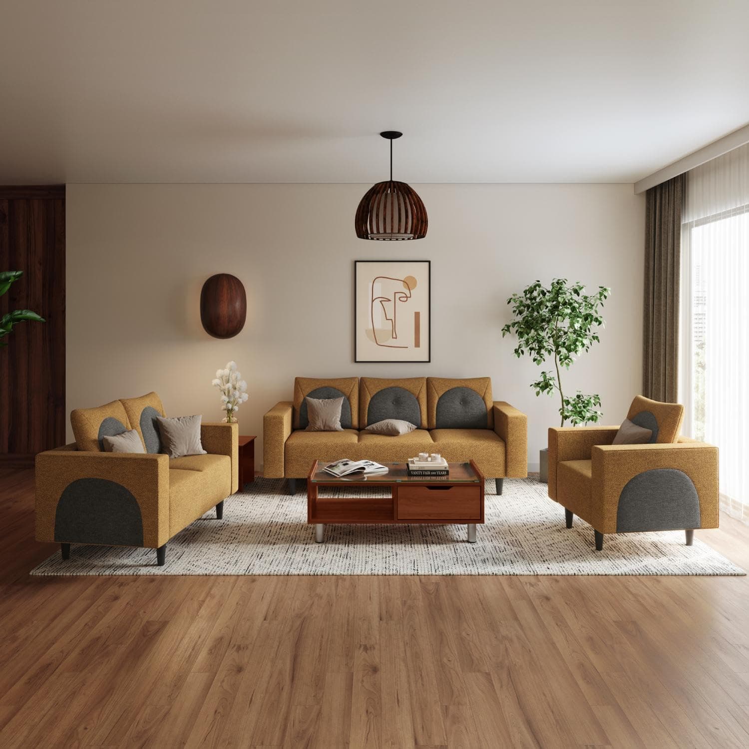 Interio by Godrej Sofa Cresco 6-Seater Fabric Sofa Set for Living Room, 3-Years Warranty, Solid Wood (Camel and Taupe, 3+2+1 Seater)