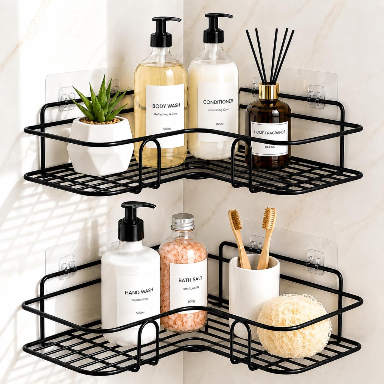 Urban Elite Set of 2 Metal Bathroom Corner Shelf Rack | No Drill Self-Adhesive & Screw Mount | Rustproof Wall Mounted Storage Organizer for Bathroom & Kitchen | 8 & 9 Inch, Matte Black