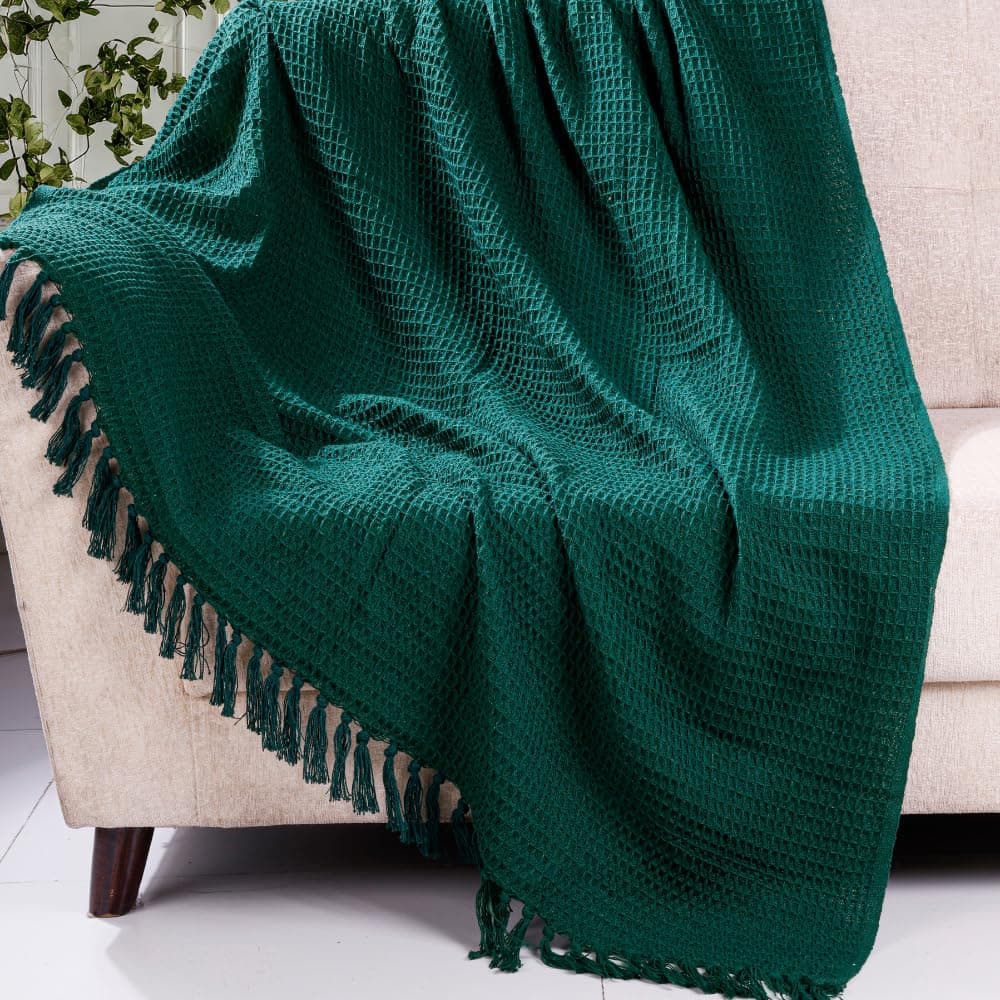 HOMADORN Waffle Weave Cotton Throw Blanket – Lightweight, Breathable & Cozy for Sofa or Bed (100% Cotton)(50X60 Inches) Bottle Green