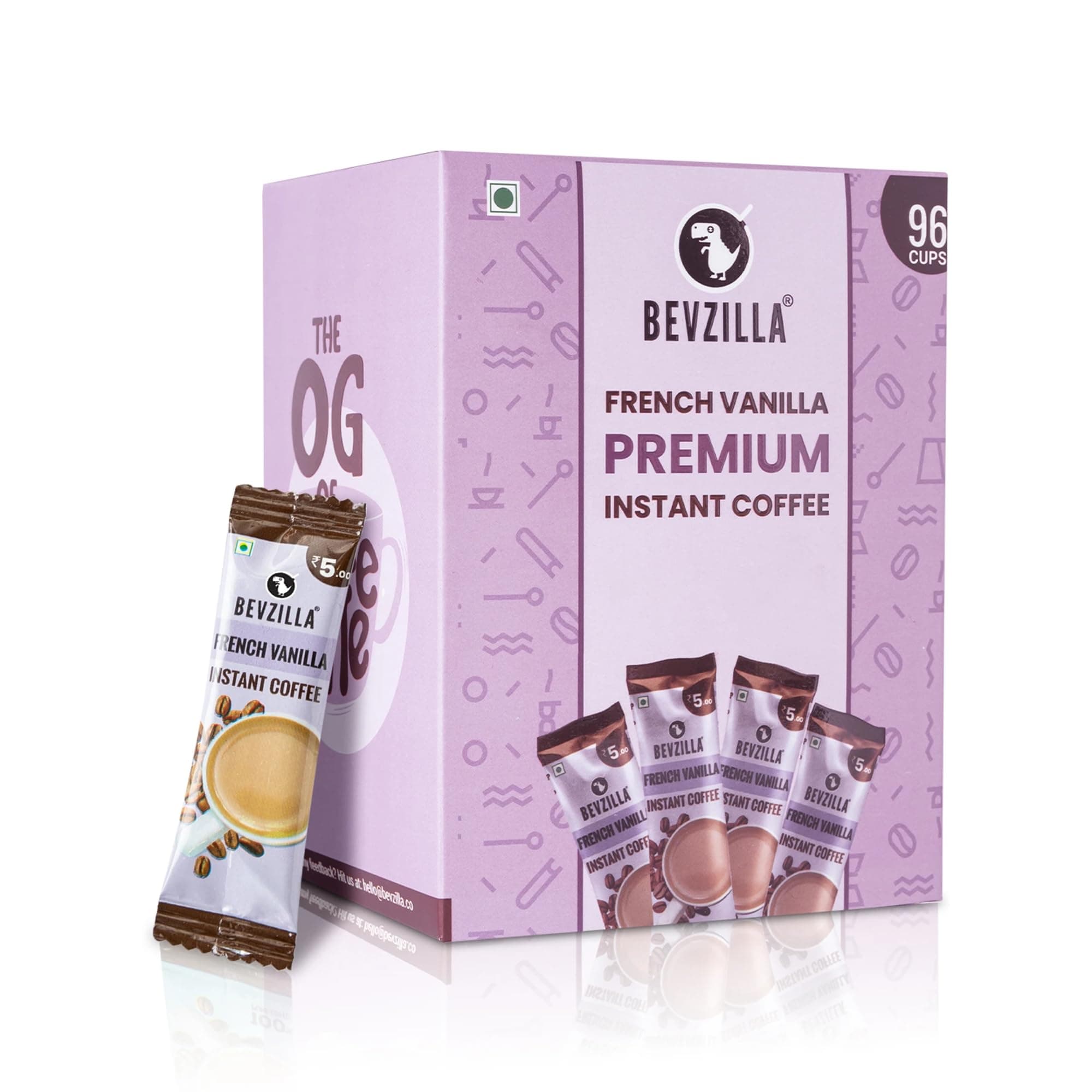 Bevzilla Vanilla Flavoured Instant Coffee Powder - 96 Sachets (2g Each) | Arabica Coffee | Best For Espresso, Latte, Cappuccino | Enjoy Hot & Cold | Flavoured Instant Coffee | 192g