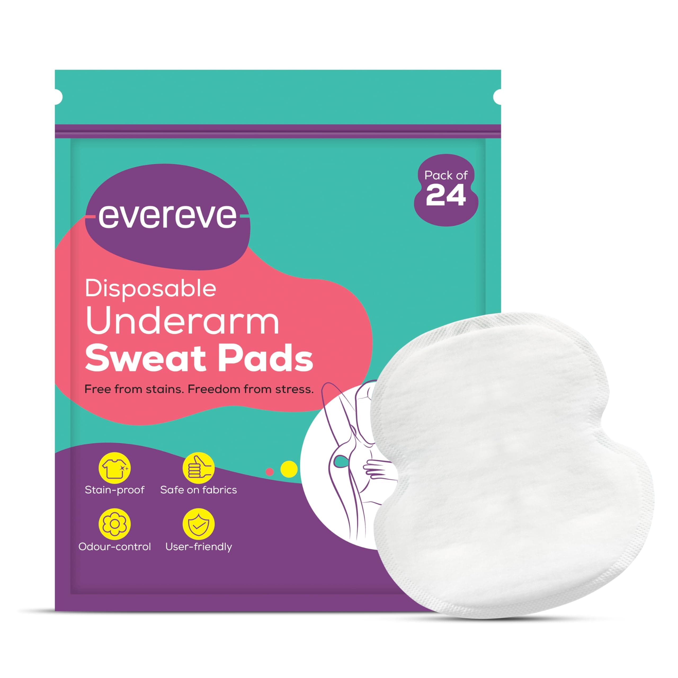 Evereve Disposable Underarm Sweat Pads, 24 Pads (12 pairs), Folded, Sweat Absorbent, Stain Proof, with Anti-Bacterial technology, Absorbs Unpleasant Odour, Skin Friendly, Safe on Fabrics