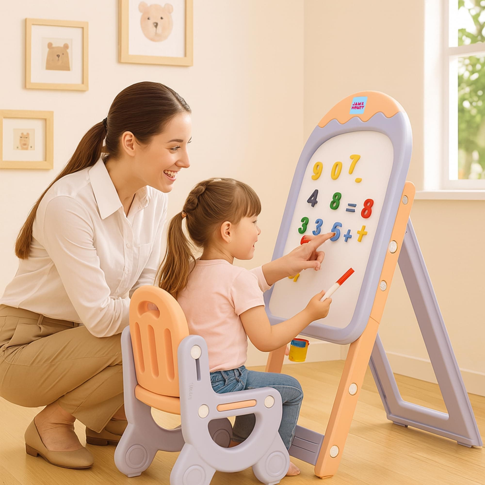 Amazon Brand - Jam & Honey Ice Cream Easel Board Set for Kids | Magnetic Board with Accessories | Activity Table & Chair | Adjustable Height | Foldable | Age 2–5 Years