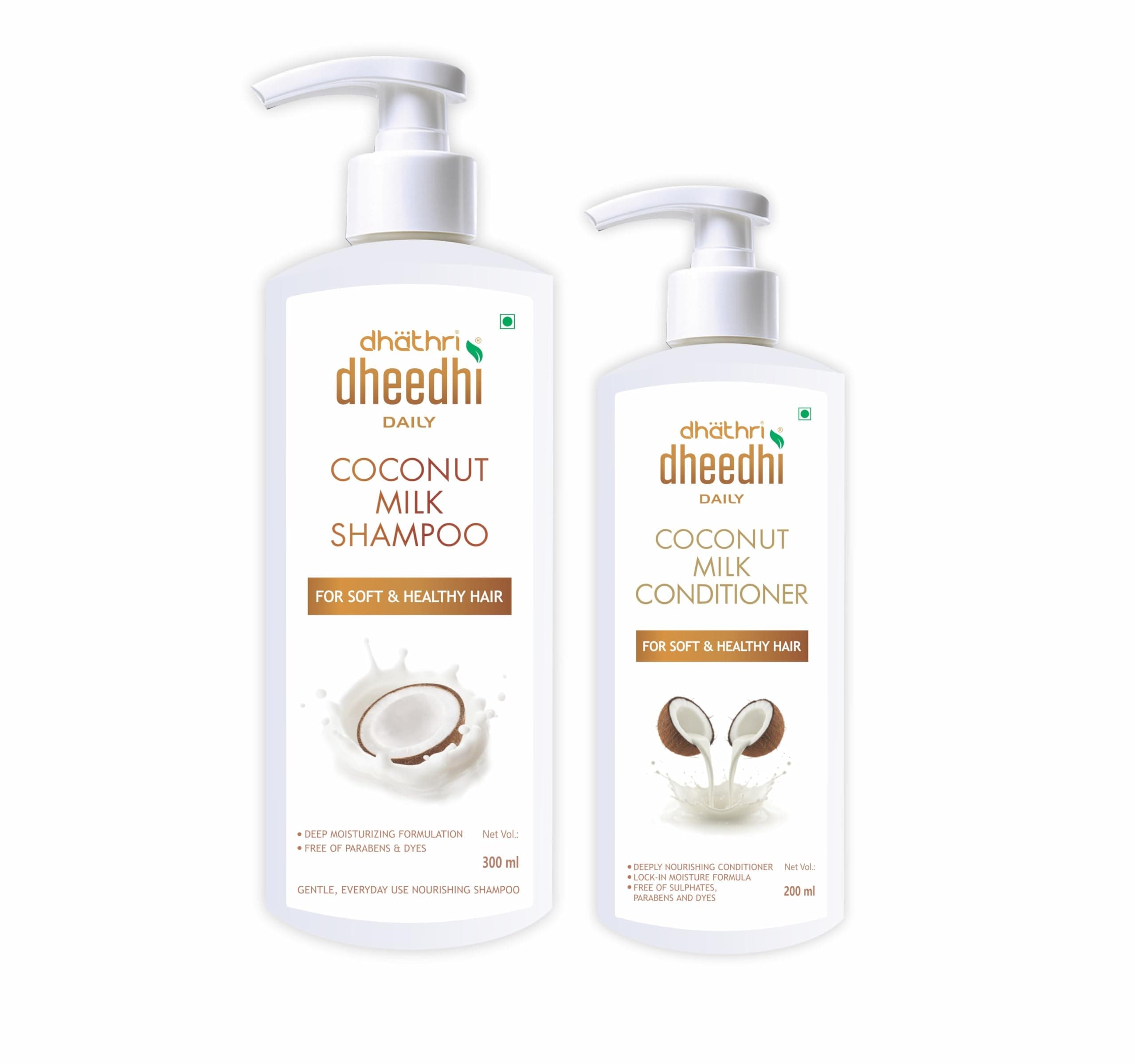 Dhathri Dheedhi Daily Coconut Milk Shampoo and Conditioner with Aloe Vera, Amla, Almond Oil - Deeply Nourishing and Frizz Free Hair, Free from Parabens, Dyes, and Phthalates