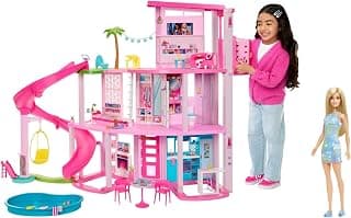 ​Barbie Dreamhouse, Pool Party Doll House with 75+ Pieces and 3-Story Slide, Pet Elevator and Puppy Play Areas​ & Barbie Dolls 3 Wearing Logo Print Dresses, Toy for Kids Ages 3 and Up