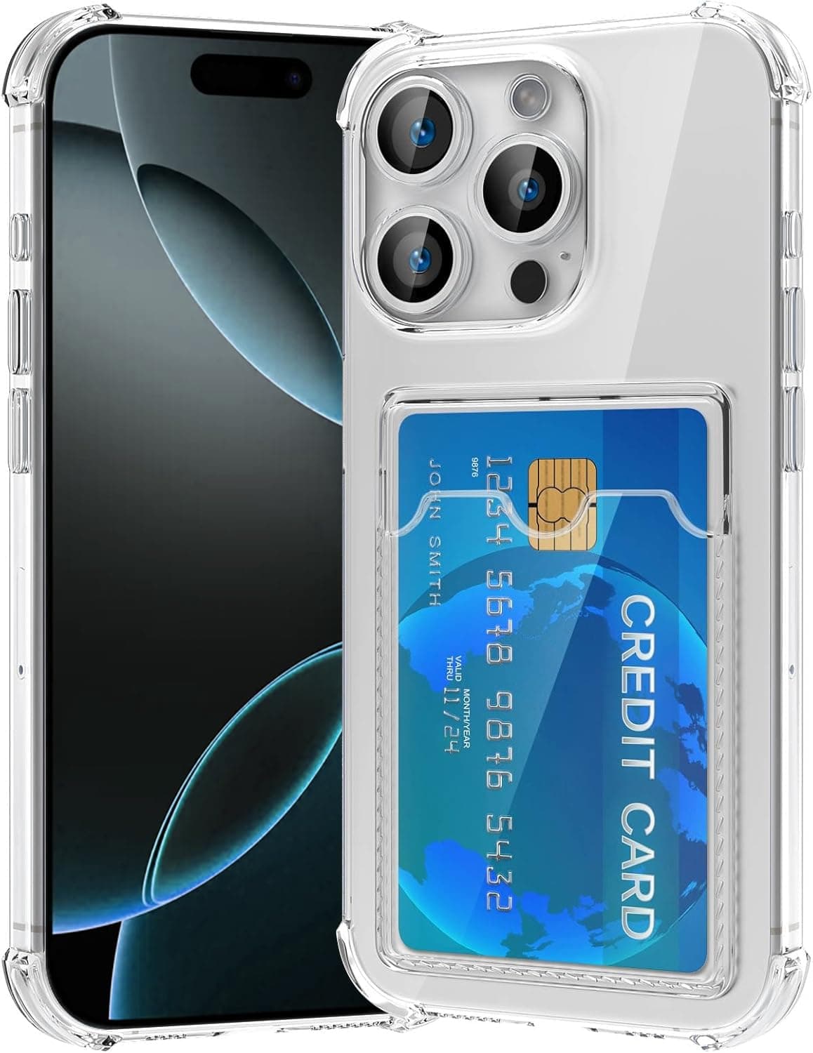 Amazon Brand-Solimo Premium Shockproof Transparent TPU Back Case Cover with Built-in Slim Card Holder Wallet for Apple iPhone 16 Pro - Clear