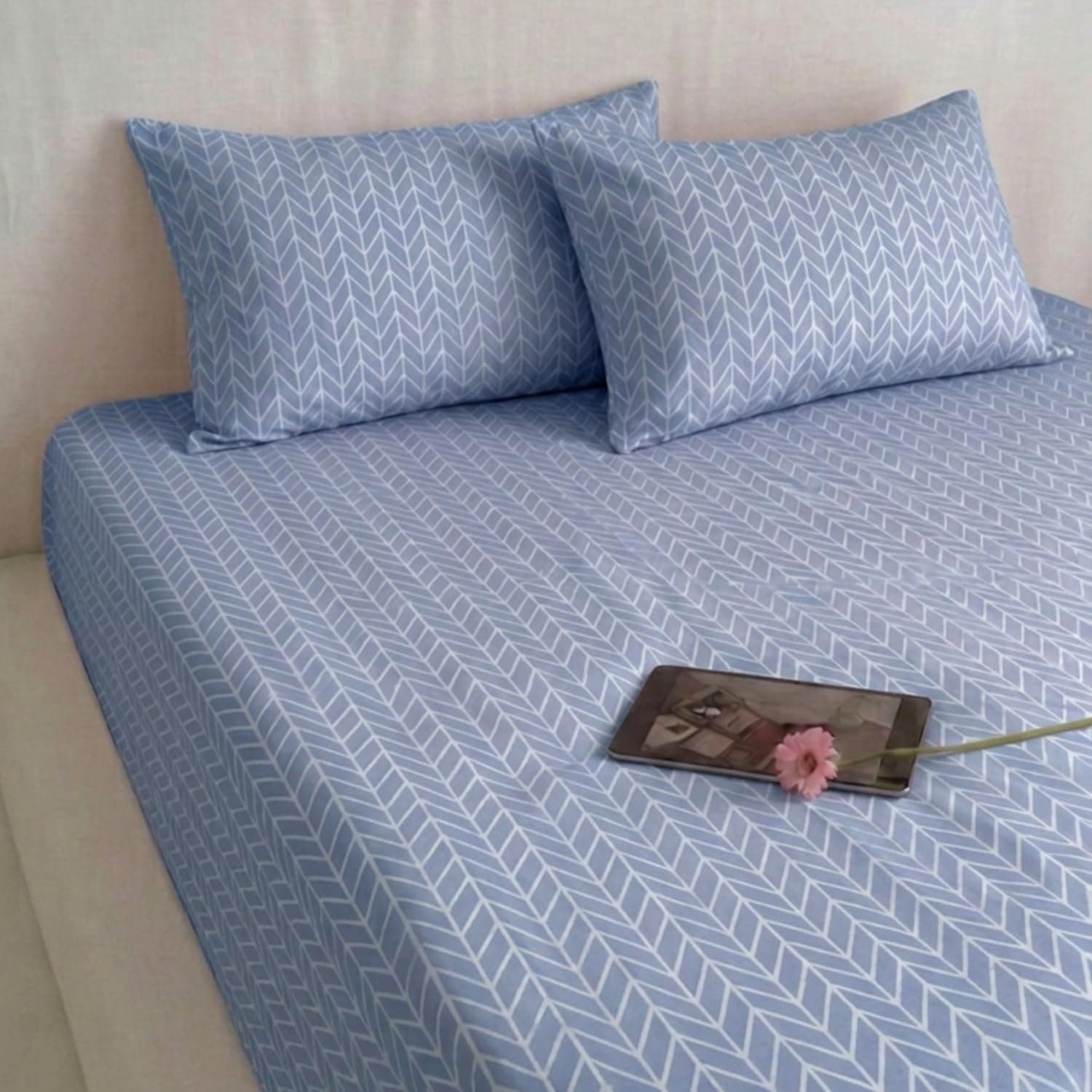 Marrow Lane 300 TC Soft Glace Cotton King Size Bedsheet 108x108 Inches with 2 Pillow Covers | Ultra Soft, Breathable & Durable | Herringbone Arrow Design | Blue Cotton Bedsheet