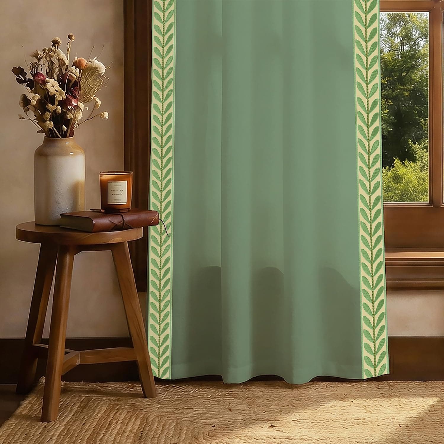 Urban Space Bohemian Curtains for Window, 100% Cotton Curtain 5 Feet Long, 1 Piece Decorative Curtain with Embroidered Lace, Tieback & Eyelets Included (Leaves lace - Sage Green, Window - 5 feet)