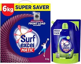 Surf Excel Matic Front Load Detergent Washing Powder 6 Kg & Matic Top Load Liquid Detergent 3.2 L Refill, Designed For Tough Stain Removal On Laundry In Washing Machines - Mega Pack