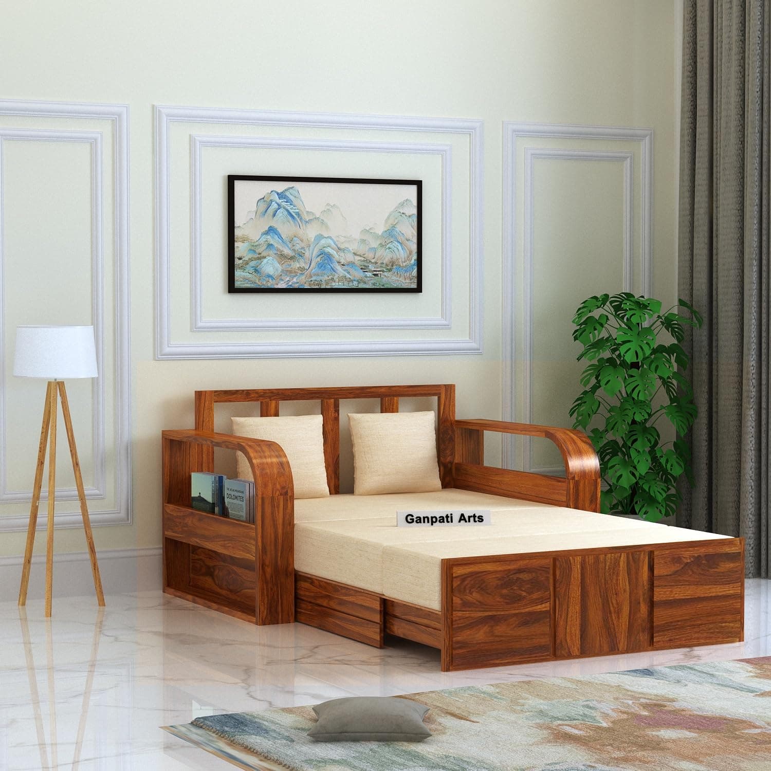 Ganpati Arts Solid Sheesham Wood Two Seater Scott Sofa Cum Bed With Mini Storage For Home Living Room (Natural Finish, 2 Seater, Brown,Beige)