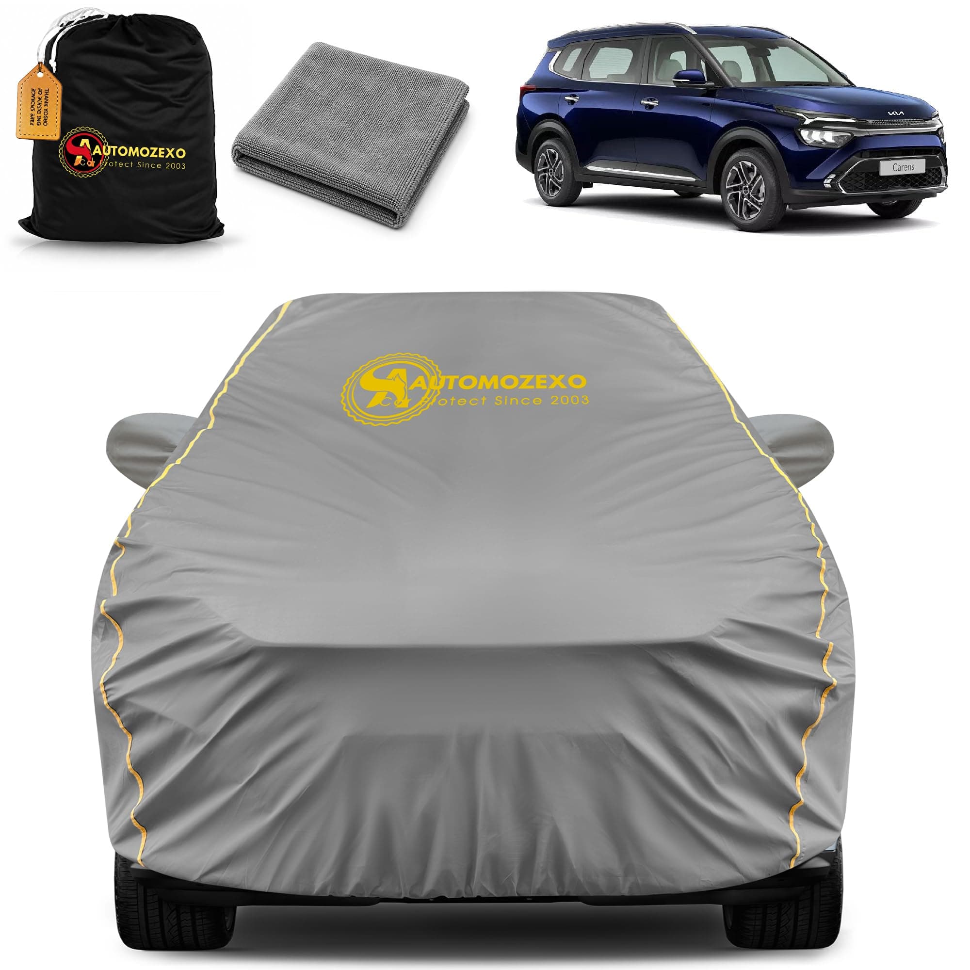 AUTOMOZEXO Kia Carens 100% Waterproof Car Cover for All Weather Protection with Mirror Pocket Inner Cotton Layer Triple Stitched Cover with Adjustable Belt Bottom Elastic to Secure Fit -Grey