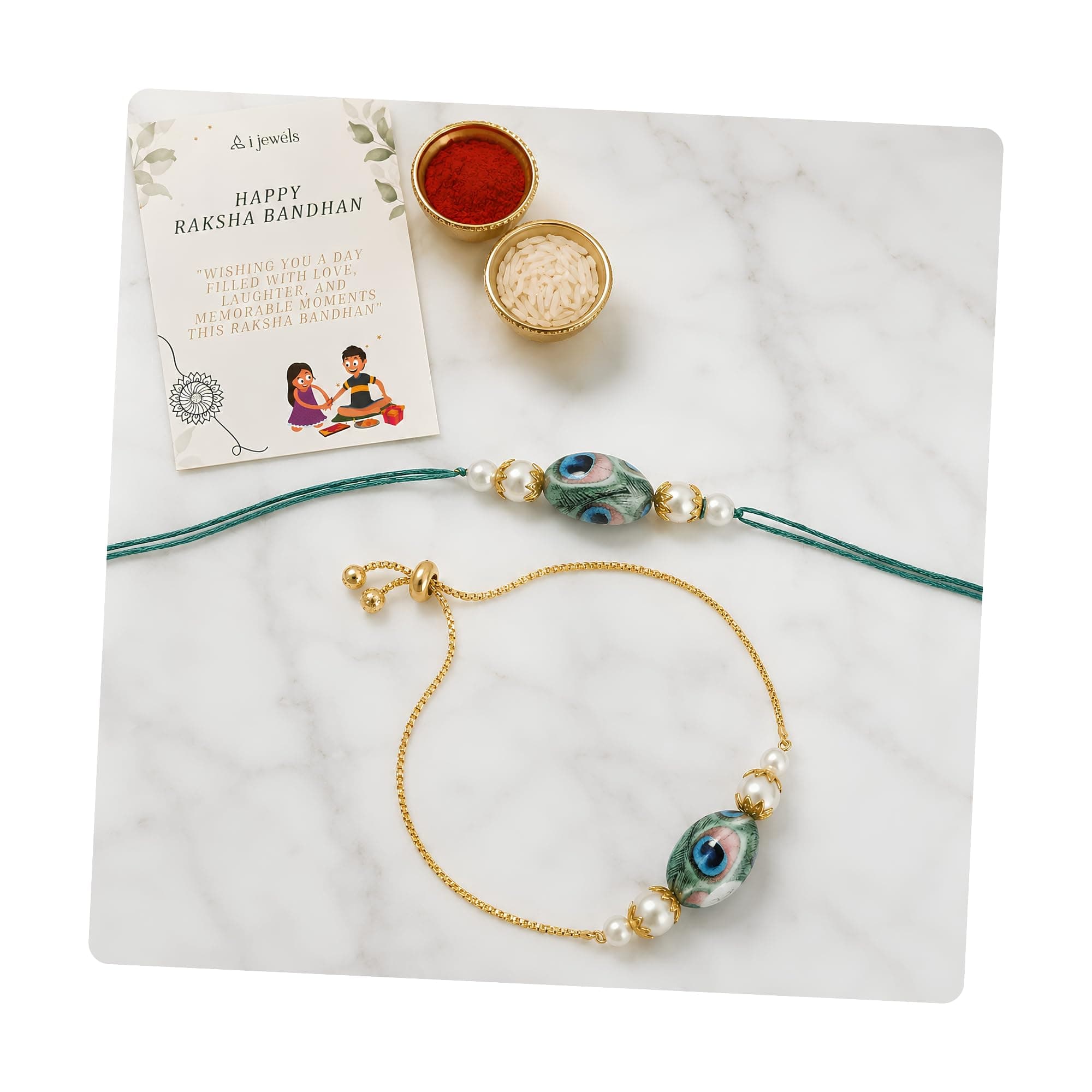 I Jewels Pearl Bhaiya Bhabhi Lumba Rakhi Bracelet Combo Set With Roli Chawal & Rakshabandhan Greeting Card