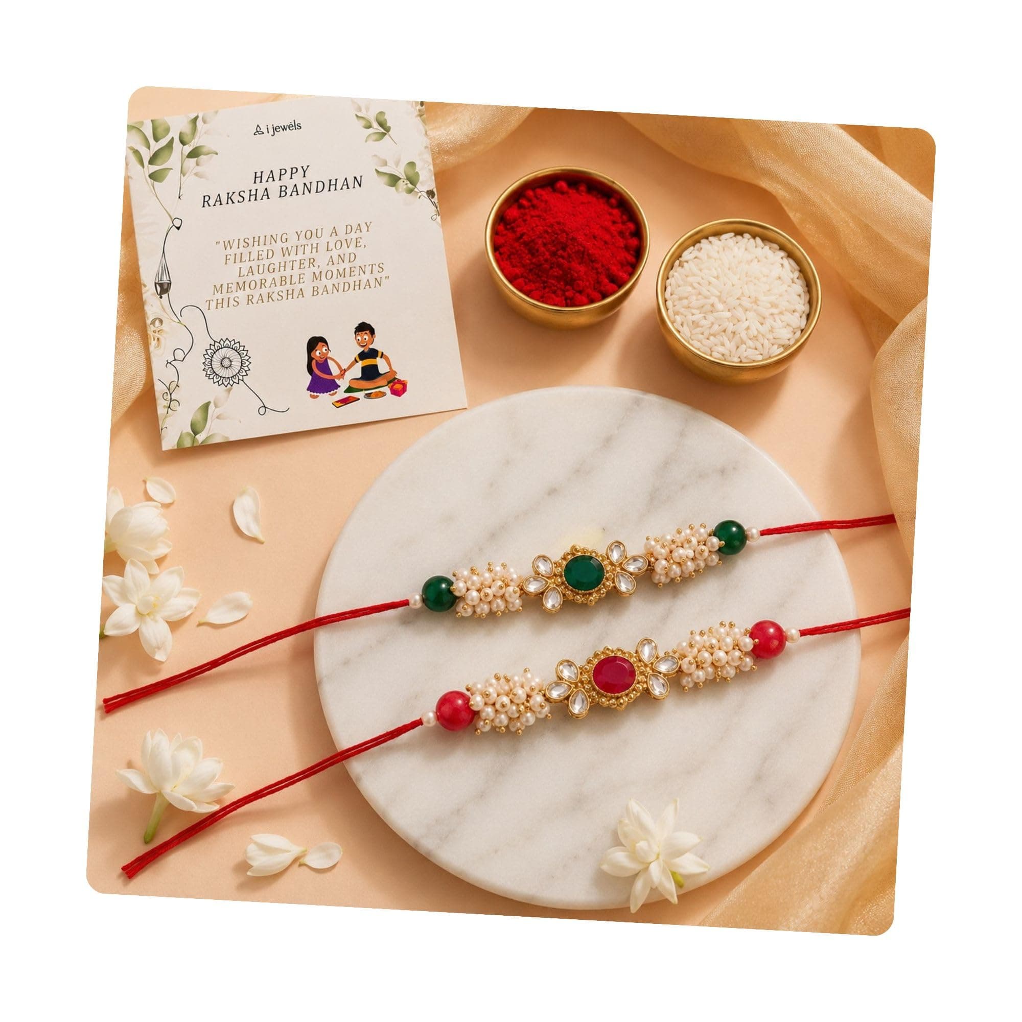 I Jewels Gold Plated Ethnic Designer Pearl Kundan Combo Rakhi Bracelet with Roli Chawal for Brother/Men (R011-R-2)