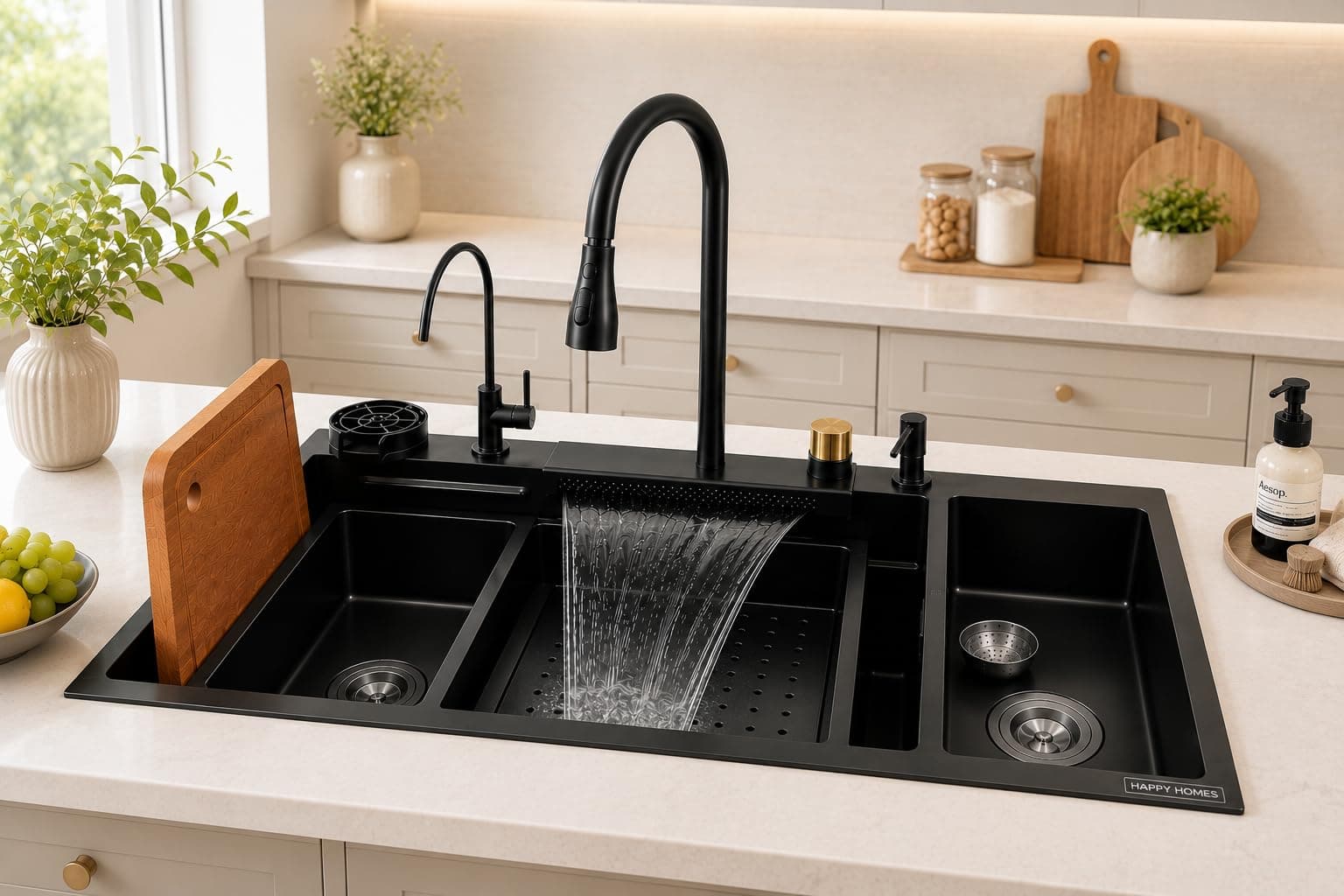 HAPPY HOMES 304 Stainless Steel Kitchen Sink 37x18x10 with Integrated Waterfall Pull Down Faucet with Water Purifier Tap, Dustbin Holder and Fruit Basket with Complete Accessories (Black)