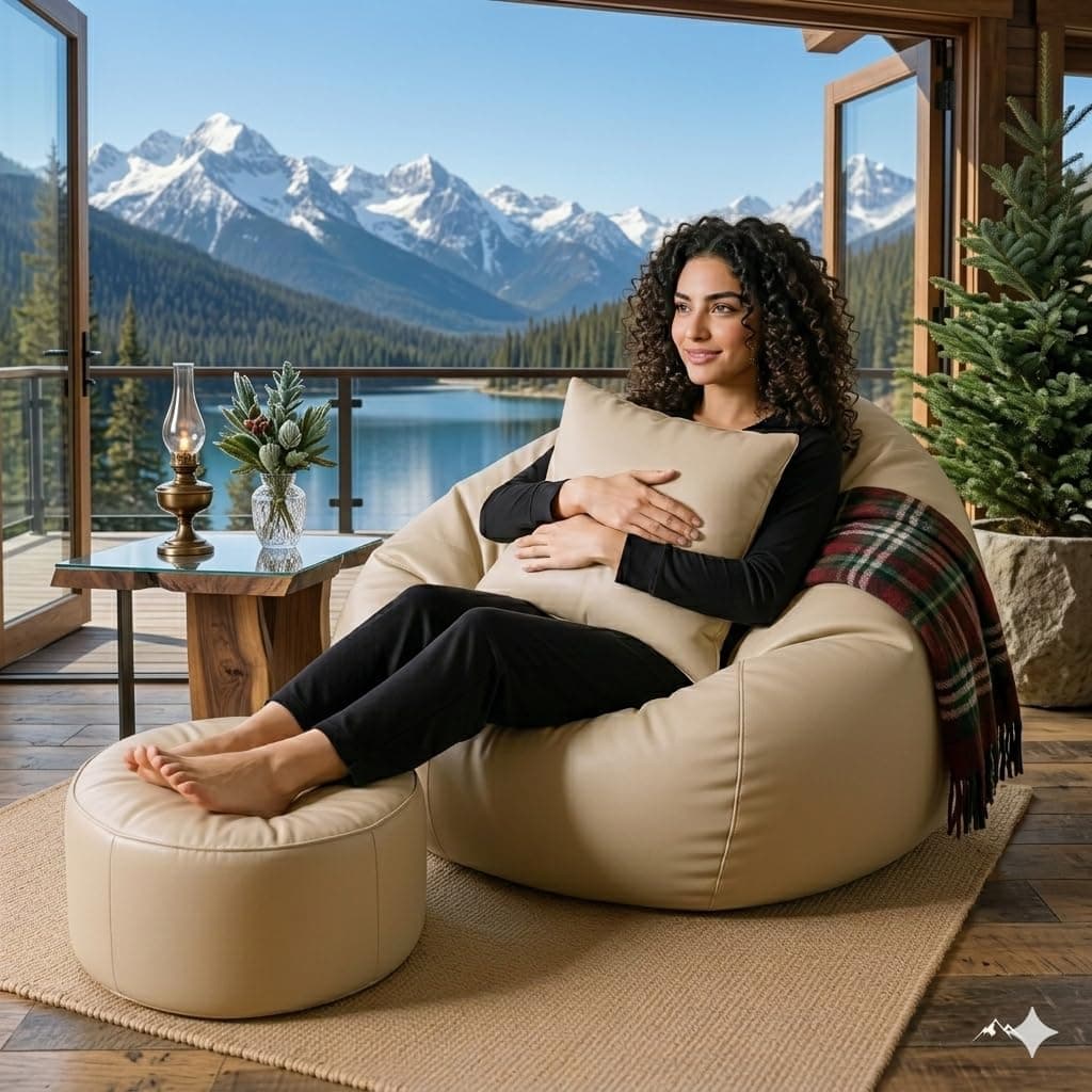 IVIKA 3XL Bean Bag Combo with Footstool & Cushion | Faux Leather Teardrop Bean Bag for Adults & Teens | Pre-Filled with Beans | Home, Bedroom, Living Room, Office (3XL - Beige)