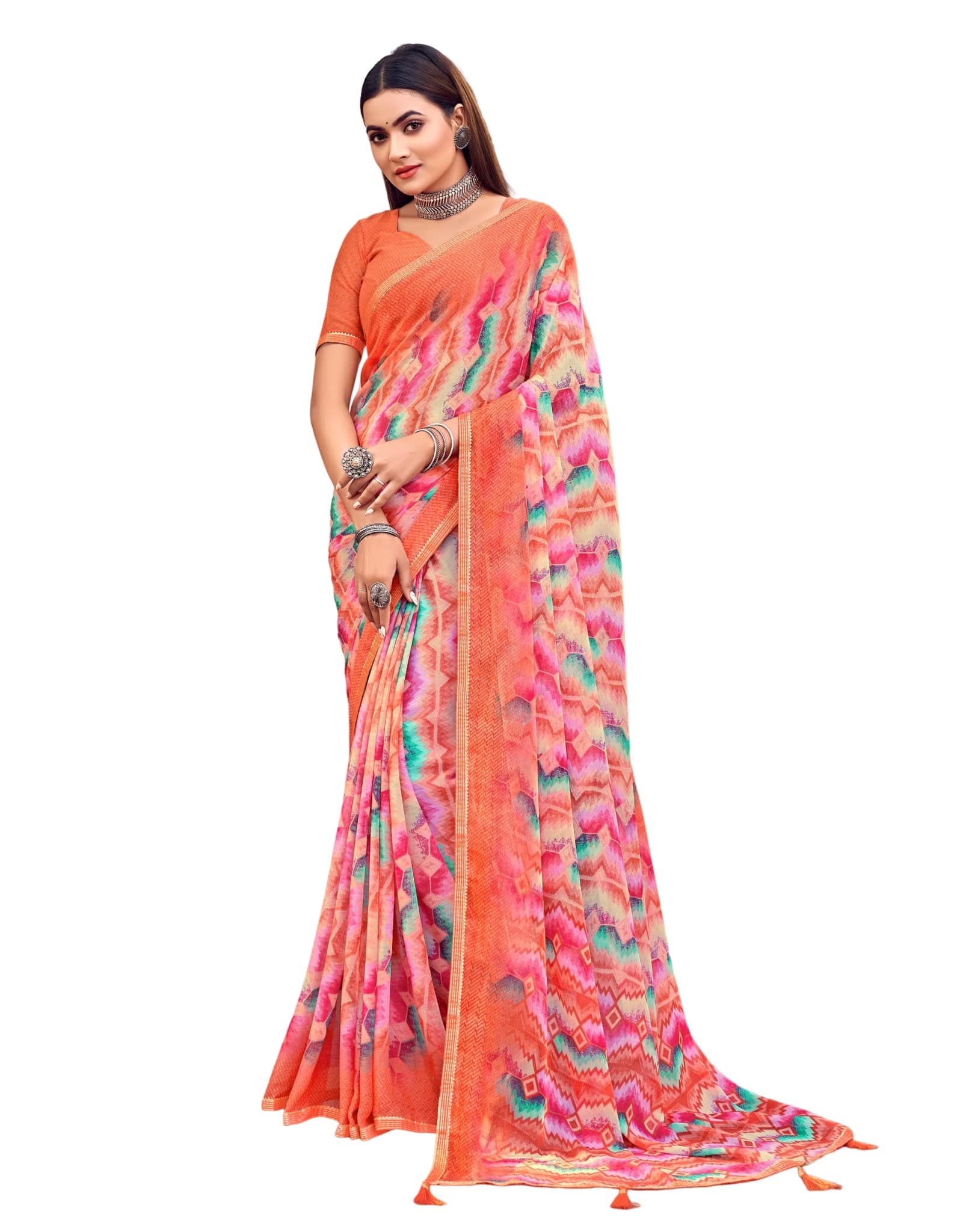 Amazon Brand - Anarva Pure Chiffon Women's Chiffon Printed Banarasi Border Saree With Blouse Piece(Savyaa-22803-B), Orange