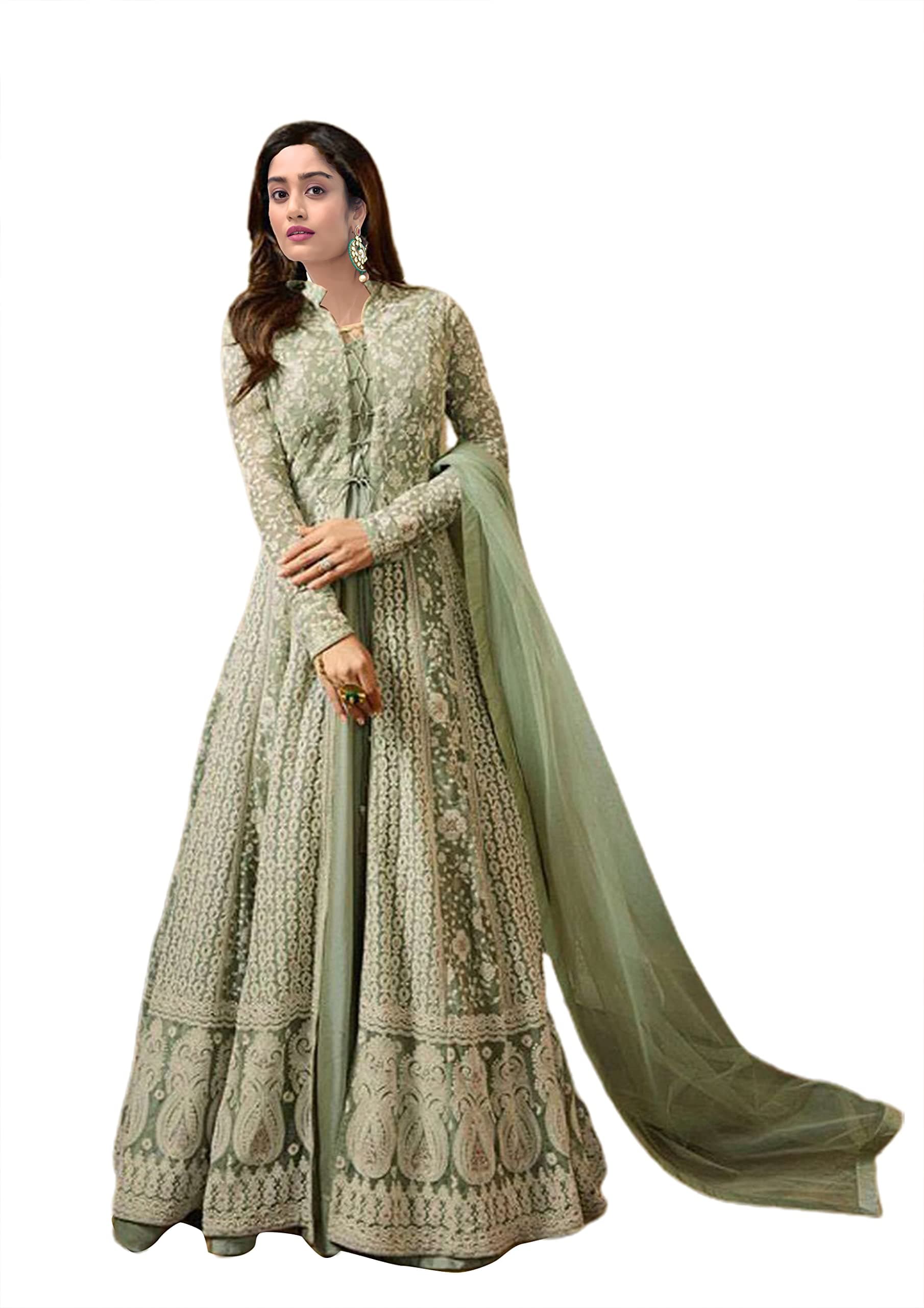 Miss Ethnik Women's Benglory Silk Ethnic Wear Semi Stitched Gown With Net Koti With Embroidery Work_ Green_Free Size