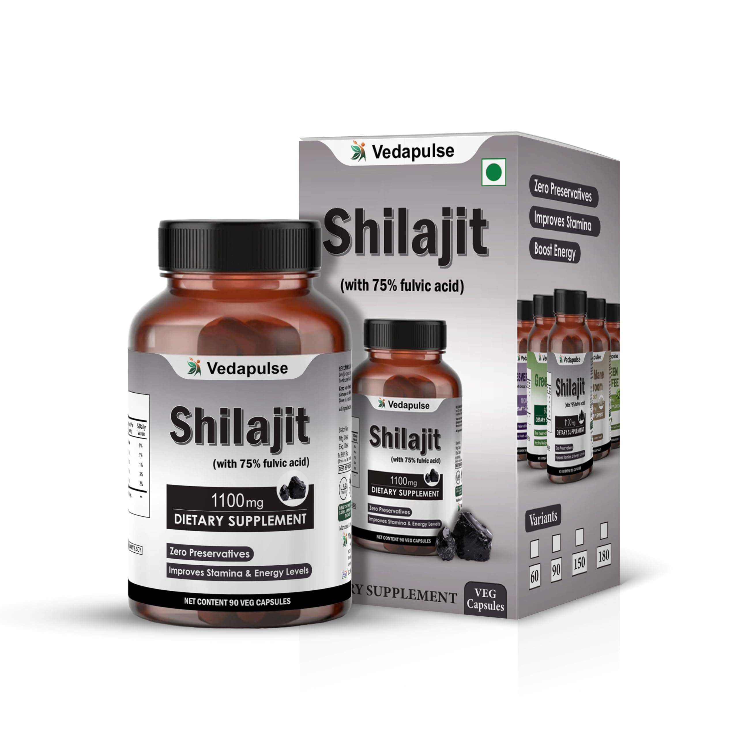 Vedapulse Shilajit Capsules 1100mg – 90 Veg Capsules | 75% Fulvic Acid | Supports Energy & Stamina | Dietary Supplement