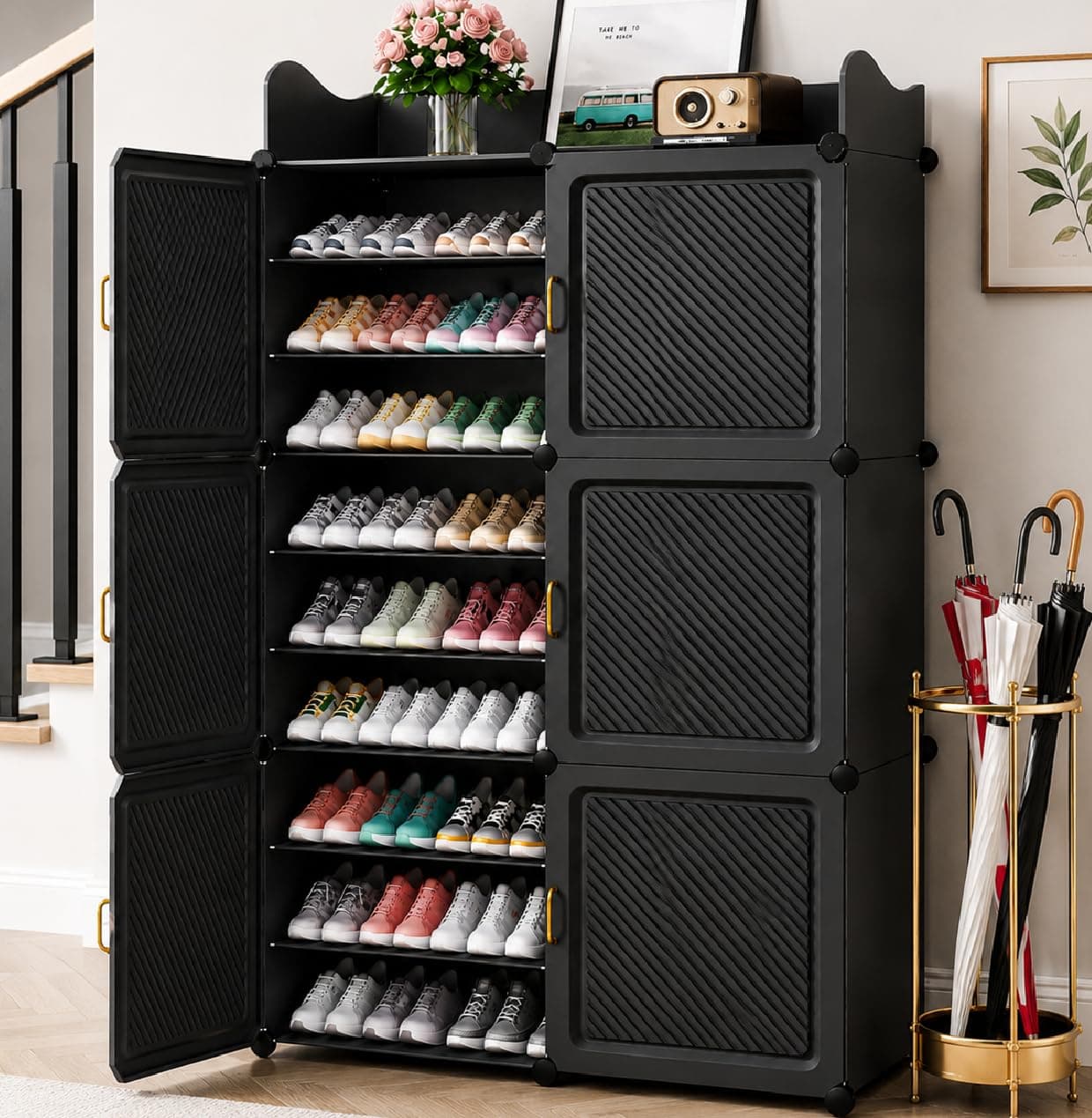 Exvito Plastic Shoe Rack for Home with Door, 6-Door Shoe Storage Cabinet | 18-Shelfs for 36 Pairs | Waterproof & Portable DIY Shoe Slipper & Chappal Stand for Entryway/Bedroom - Grey