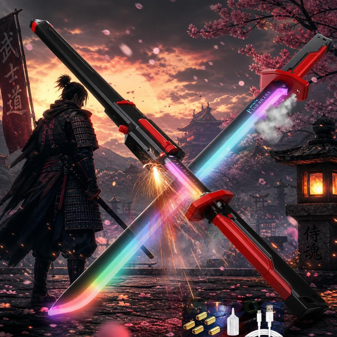 VikriDA Neon Sword Spark Blade Toy with Hit Sensor, Sound & Fog Effect, Type-C Rechargeable - 27" Educational Toy