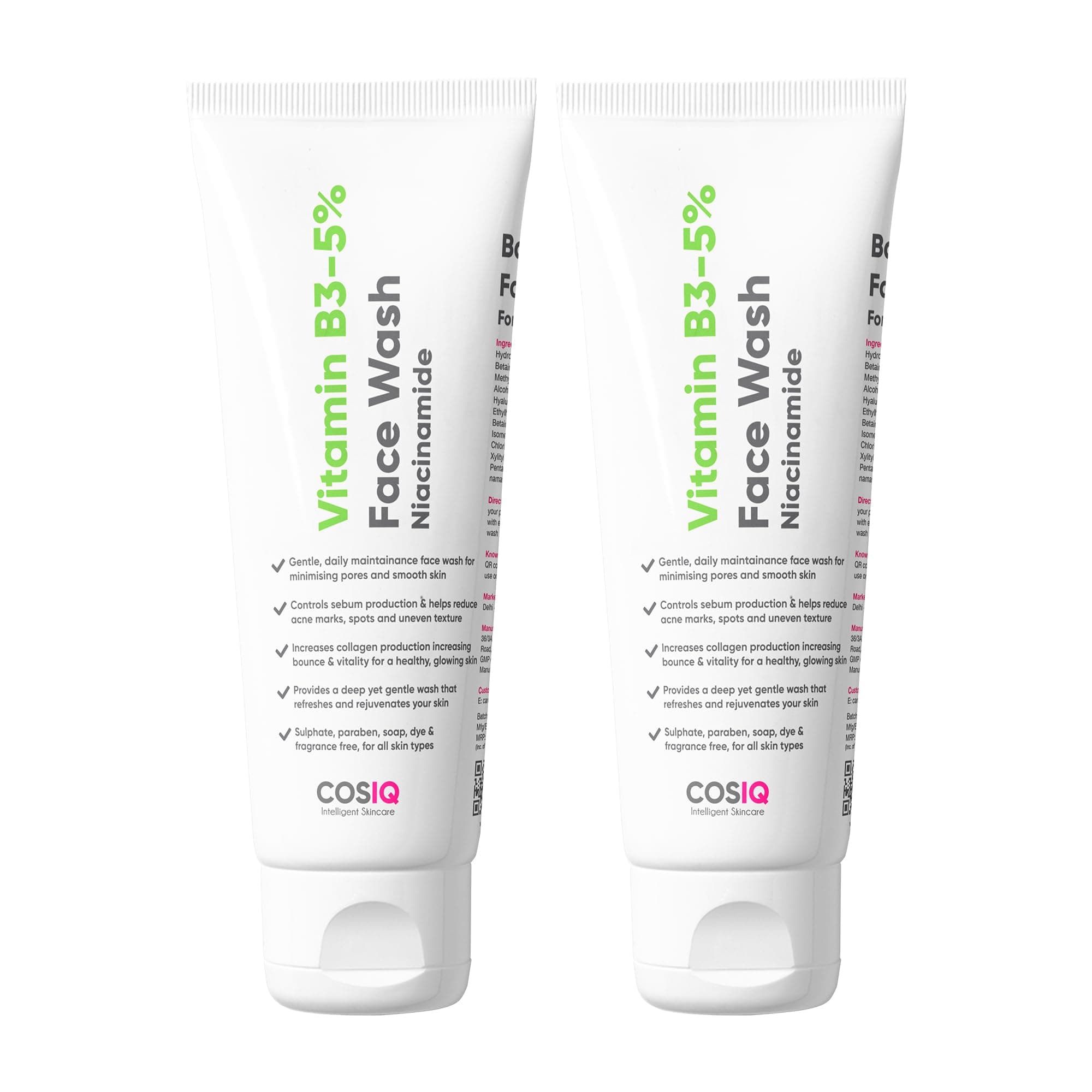 Cos-IQ 5% Niacinamide Face Wash for Pore Minimizing, Brightens, Smooth and Even Skin | Tan Removal & Glowing Skin, Non-Irritant, Non-Drying | Gently Cleanses Makeup | (2x100 ml)