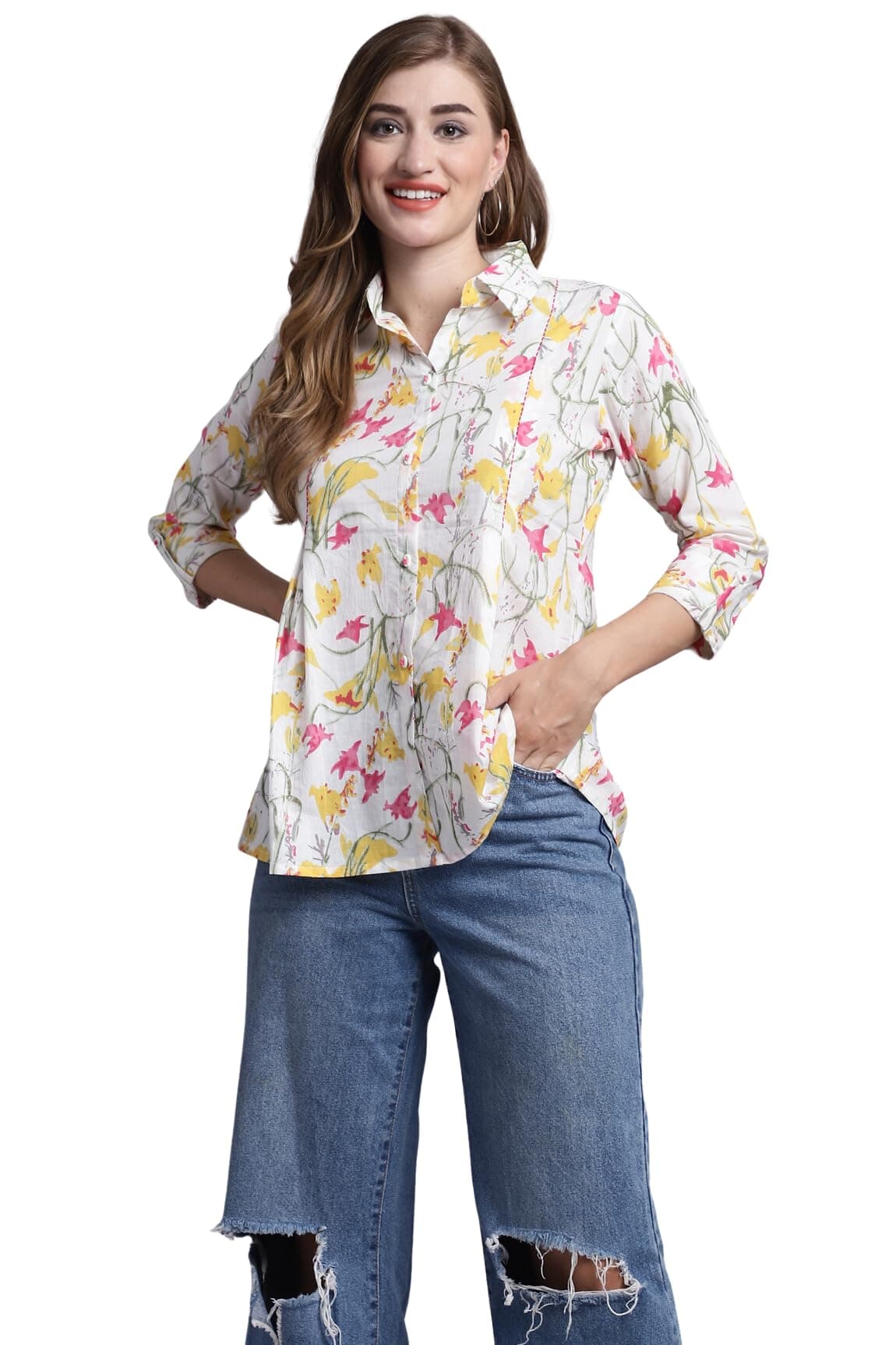 Monira Women's Off White Pure Cotton Jaipuri Printed Short Top (MONJPR714-P)