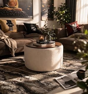 Elegent Round Coffee Table with Wooden Top, Storage Ottoman Tables for Living Room, Centre Tables, Tea Tables, Farmhouse, Wood Drum Coffee Table (Cream)