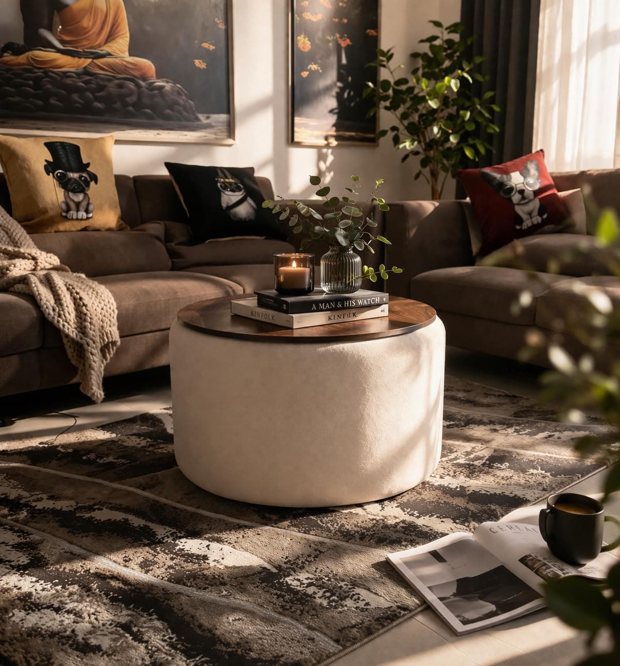 Woodilla Elegent Round Coffee Table with Wooden Top, Storage Ottoman Tables for Living Room, Centre Tables, Tea Tables, Farmhouse, Wood Drum Coffee Table (Cream)