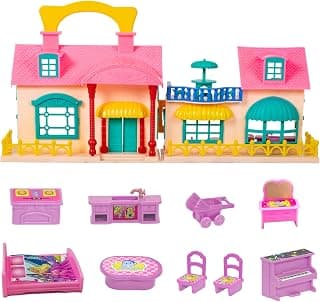 WISHKEY Plastic Doll House for Kids, Role Play Set Dolls House for Girls, Doll House Set with 9 Accessories, Toy House for Girls, Made in India, Pink, 3+ Years (Pack of 1)