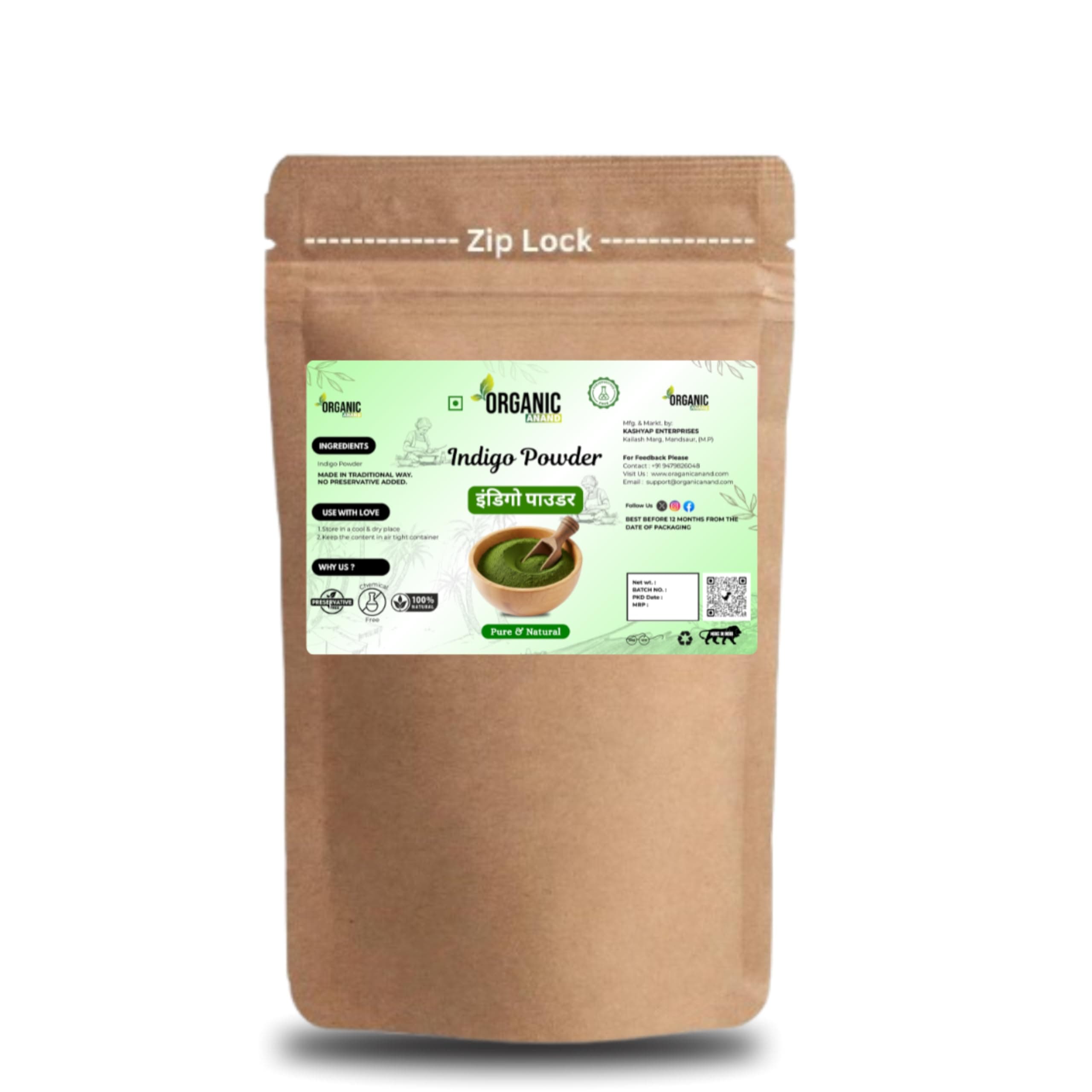 Organic Anand Natural Indigo Powder for Black Hair, Indigo Leaf Powder for Rich and Fast Post-Henna Coloring (200 grams)
