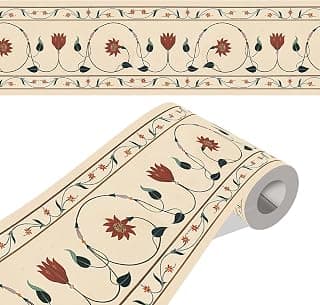 ELTON Peel and Stick Wallpaper Border - Floral Stone Marble Inlay Pattern - Glossy Laminated Waterproof PVC - for Kitchen, Tile, Living Room Bathroom Decoration 3 Inch X 10 feet