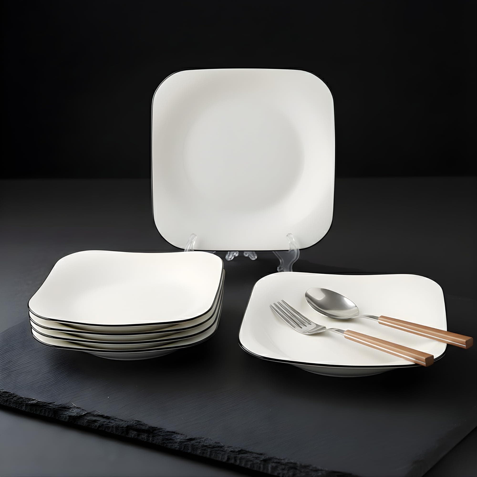 OLWICK 8.5 Inch Modern White Ceramic Square Serving Plate, Elegant Porcelain Dessert & Salad Plate with Minimalist Black Rim, Stackable Nordic Style Dishware for Appetizer, Fruit, and Sushi (Set of 6)