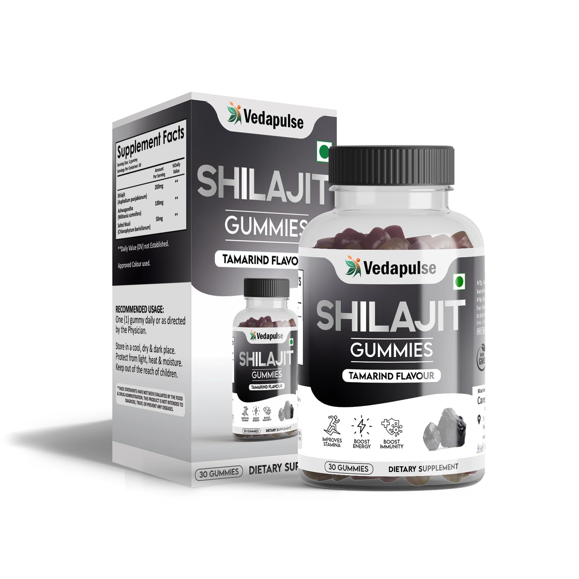 Vedapulse Shilajit/Shilajeet Gummies with Ashwagandha & Safed Musli | Boosts Stamina, Energy Level & Immunity Pack of 30 Gummies (TAMARIND Flavour)