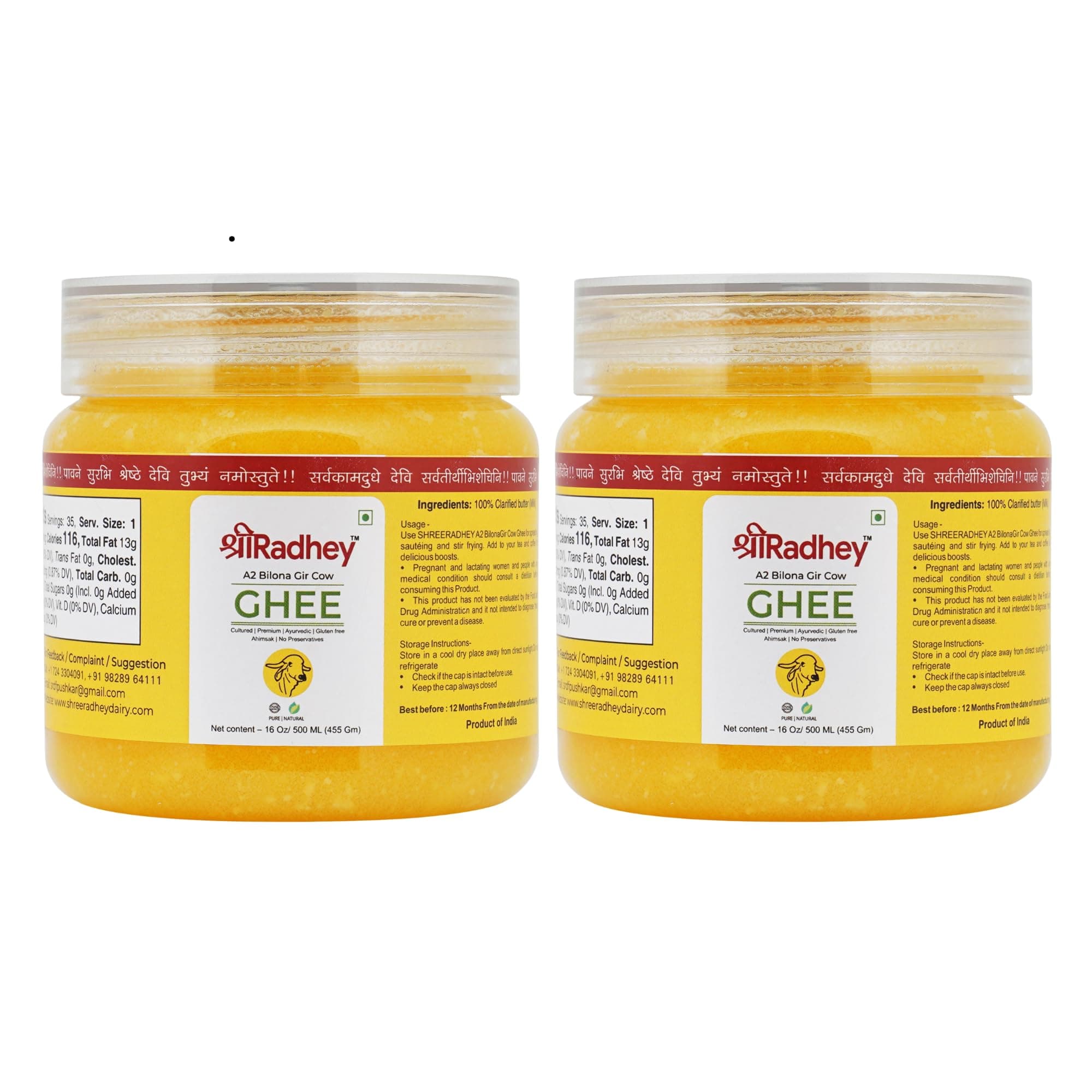 SHREERADHEY A2 Bilona Gir Cow Ghee | 500 ML x 2 | Pet Bottle | Traditional Bilona Method | Lactose And Gluten Free | Keto Friendly