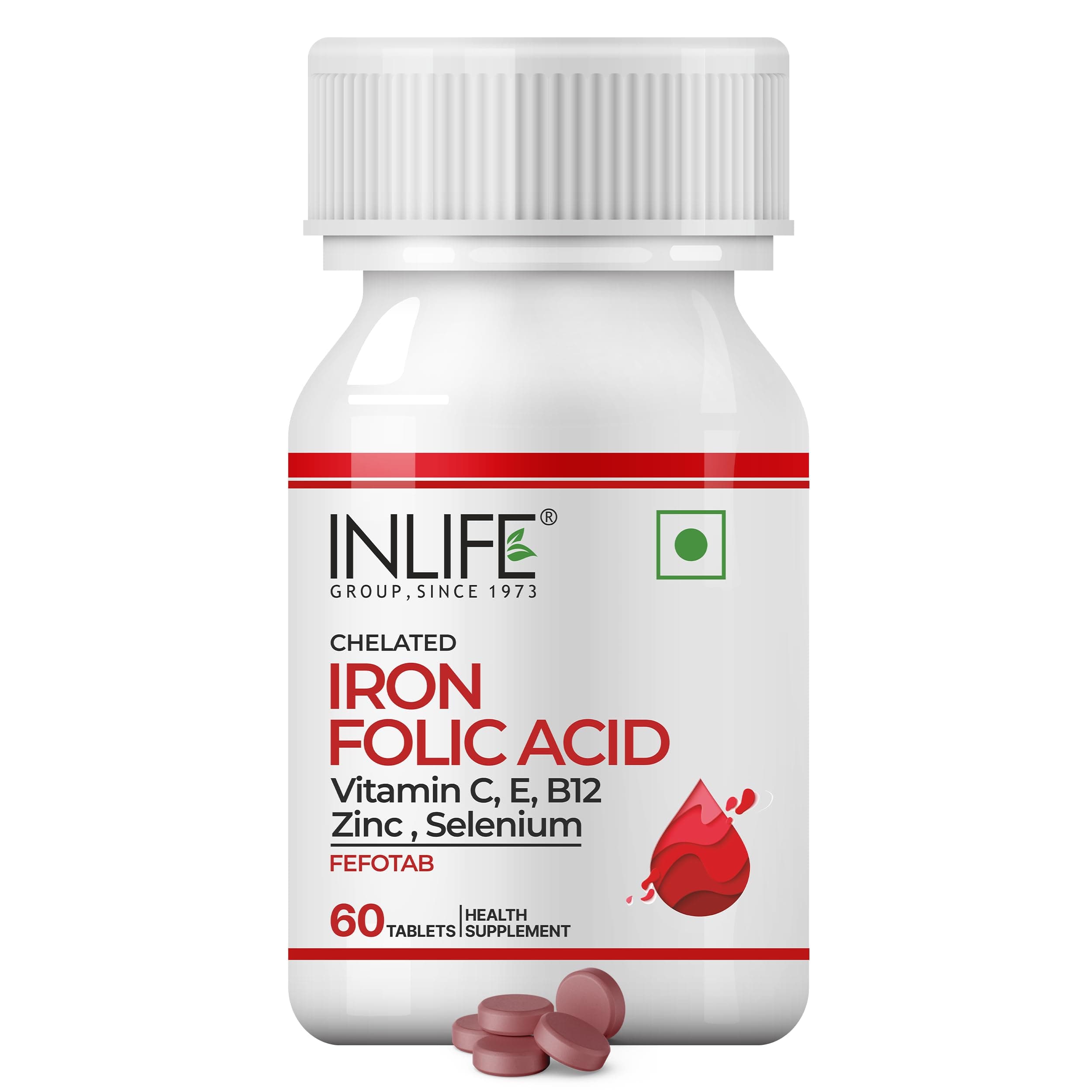INLIFE Chelated Iron Ferrous Bisglycinate, Folic Acid Vitamin B12 Zinc C & E Selenium, Hemoglobin Support, Women Men, 60 Tablets (Pack of 1)