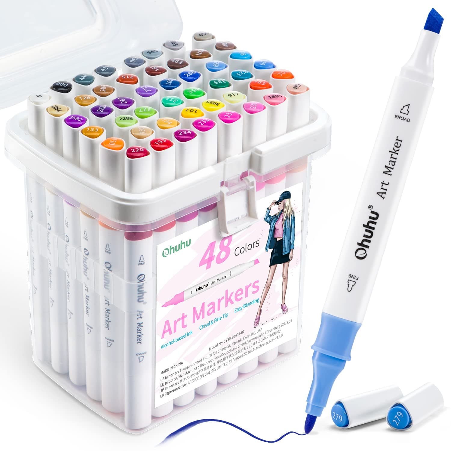 Ohuhu Alcohol Markers,48 Colour Dual Tip Chisel & Fine Art Markers Set Marker Pen for Artist Coloring Drawing Illustration with Unique Designed Grip,Great Value Pack for Beginners,Multicolor
