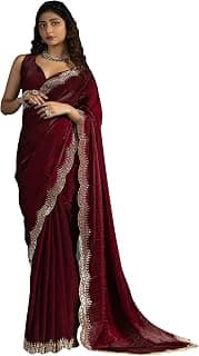 SAREE MALL Women's Satin Silk Beads & Stones Saree With Unstitched Blouse Piece