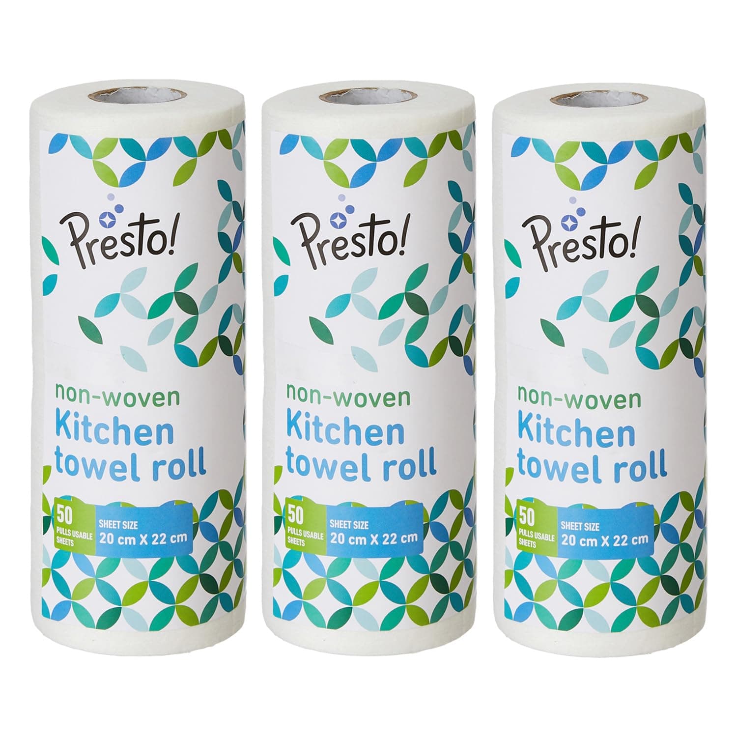 Amazon Brand - Presto! Non-Woven Reusable Kitchen Towel Roll | 50 Pulls | 150 Sheets (Pack of 3) | Size: 20 x 22 cm | White | Washable | Highly Absorbent | For Daily Use