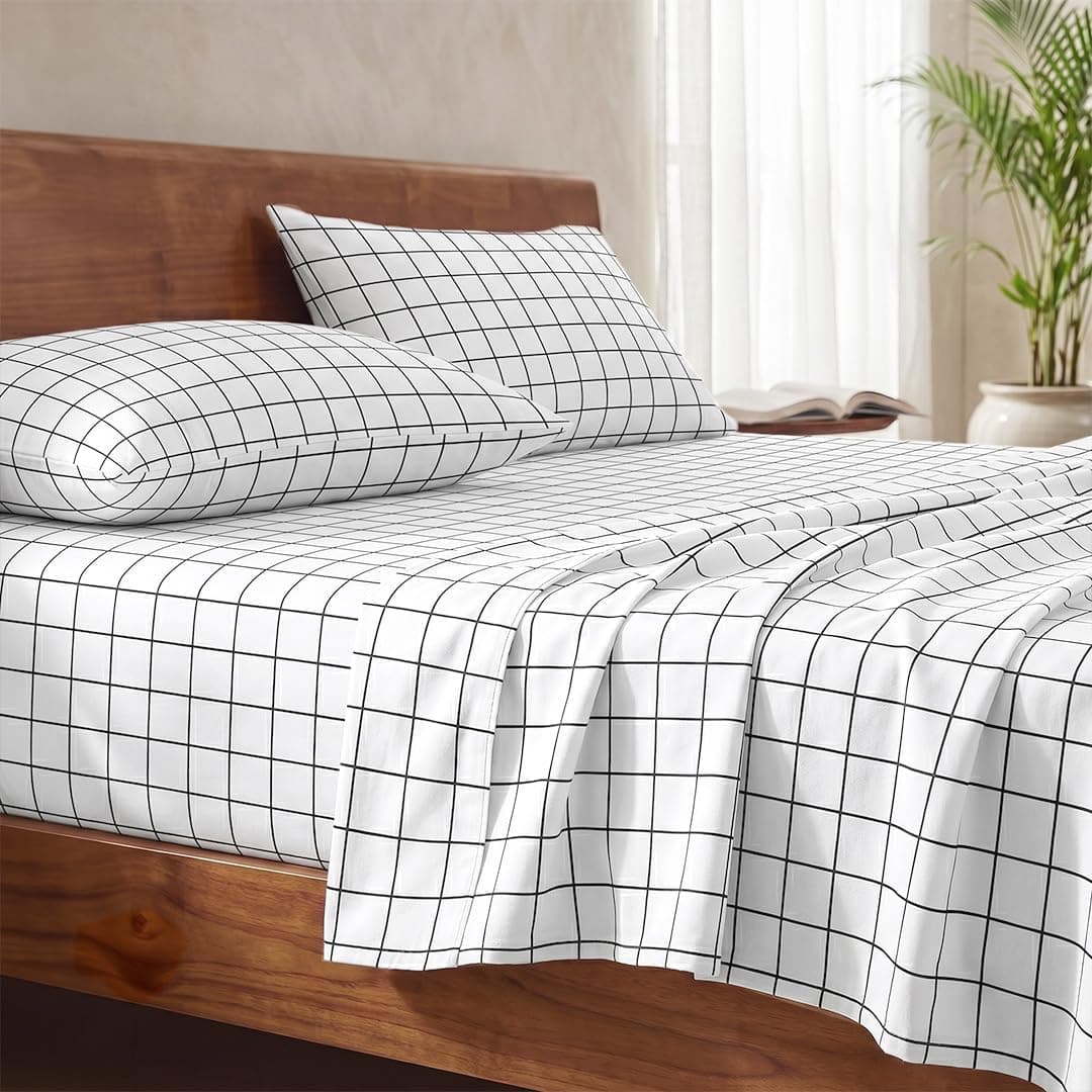 LANE LINEN 100% Organic Cotton Bedsheet Set for Double Bed - Oeko-TEX Certified, Soft & Comfortable Fabric, Machine Washable, Includes 1 Flat Sheet with 2 Pillow Covers - Windowpan Charcoal